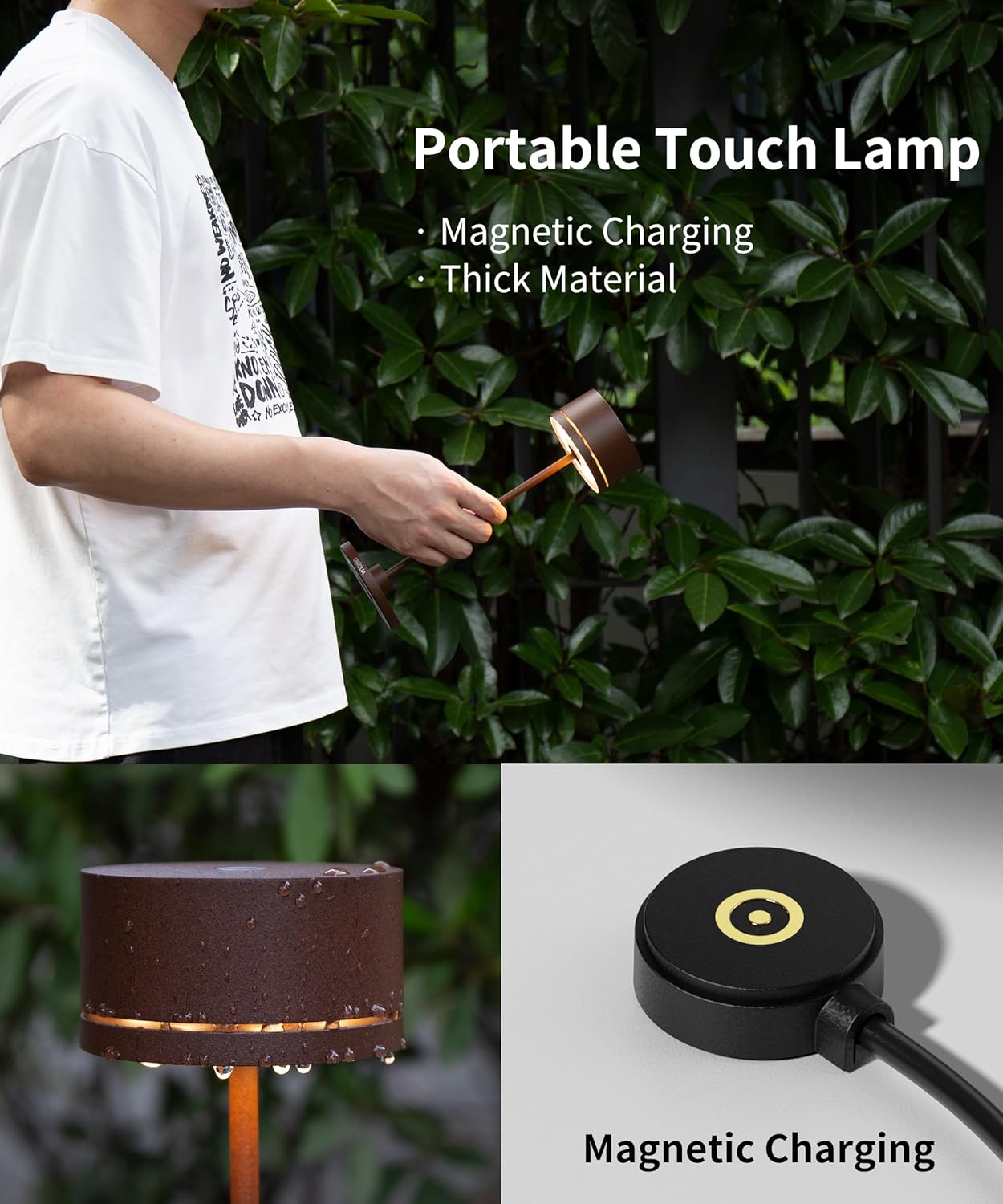 Cordless Table Lamp - DUPLO Touch Control Rechargeable Light with Magnetic Charging & Adjustable Brightness, IP54 – for HoReCa, Bedroom, Living Room, Outdoor (1 Pack, Corten)