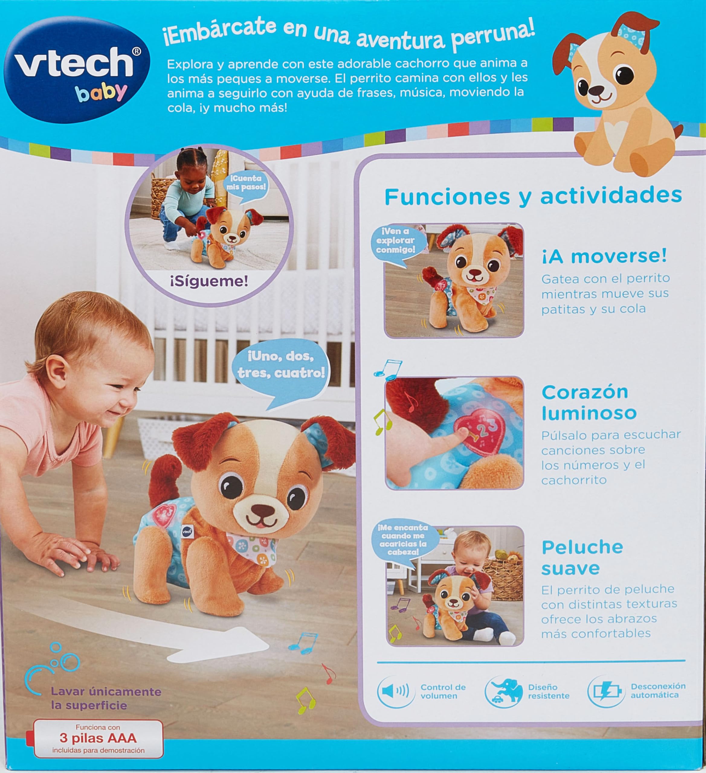 VTech-Baby Mascota de Peluche Cachorrito Pasitos, Juguete Educativo Bebés +9 Meses, Peluche Interactivo Que Anima a Gatear, Luces, Canciones, Sonidos y Texturas, Versión ESP