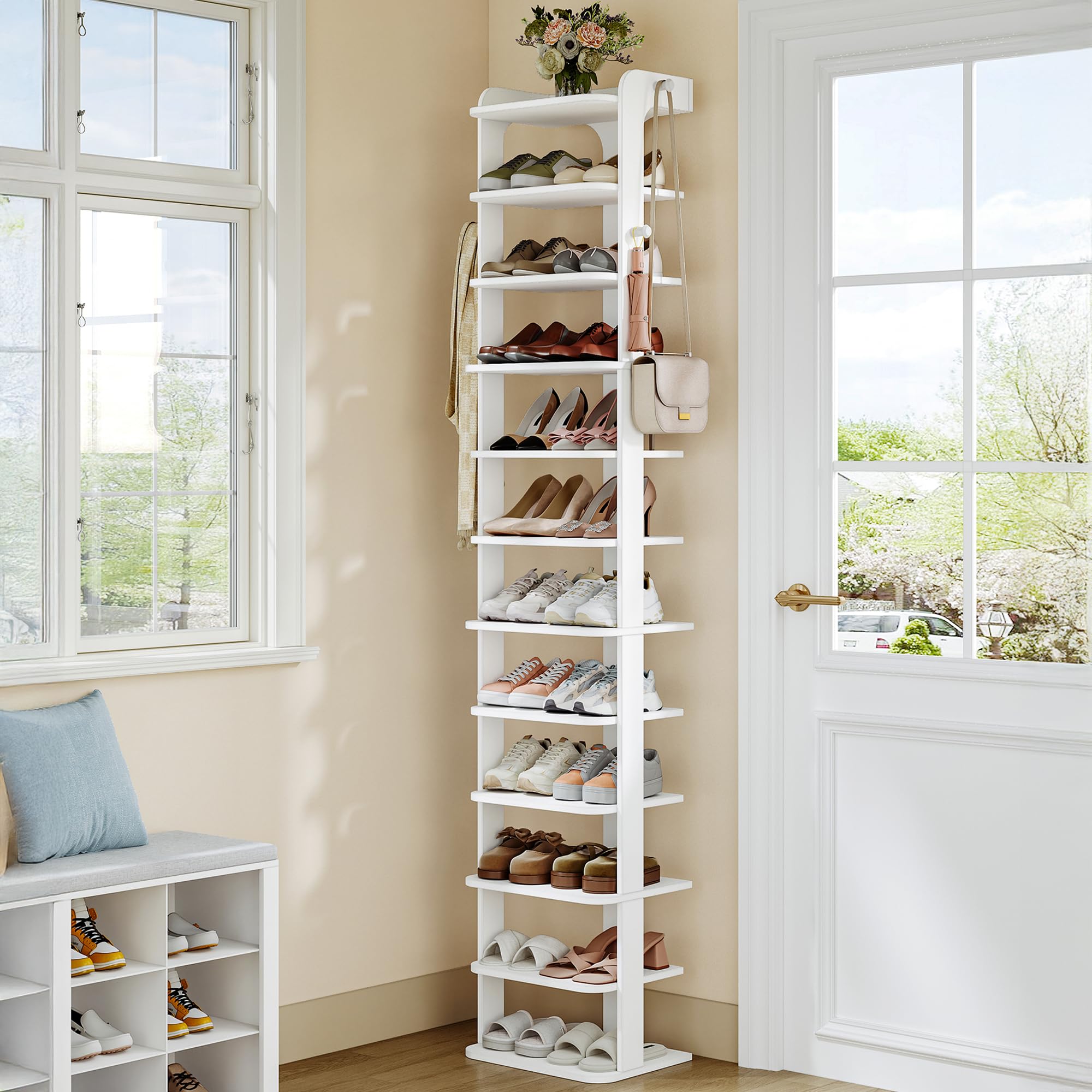Hzuaneri Schuhregal, Schuhablage mit 12 Ebenen, Holz-Schuh-Organizer mit Haken, Verstellbar, Platzsparend, Geeignet für Eingang, Flur, Wohnzimmer, 40B cm, Weiß SR22203X