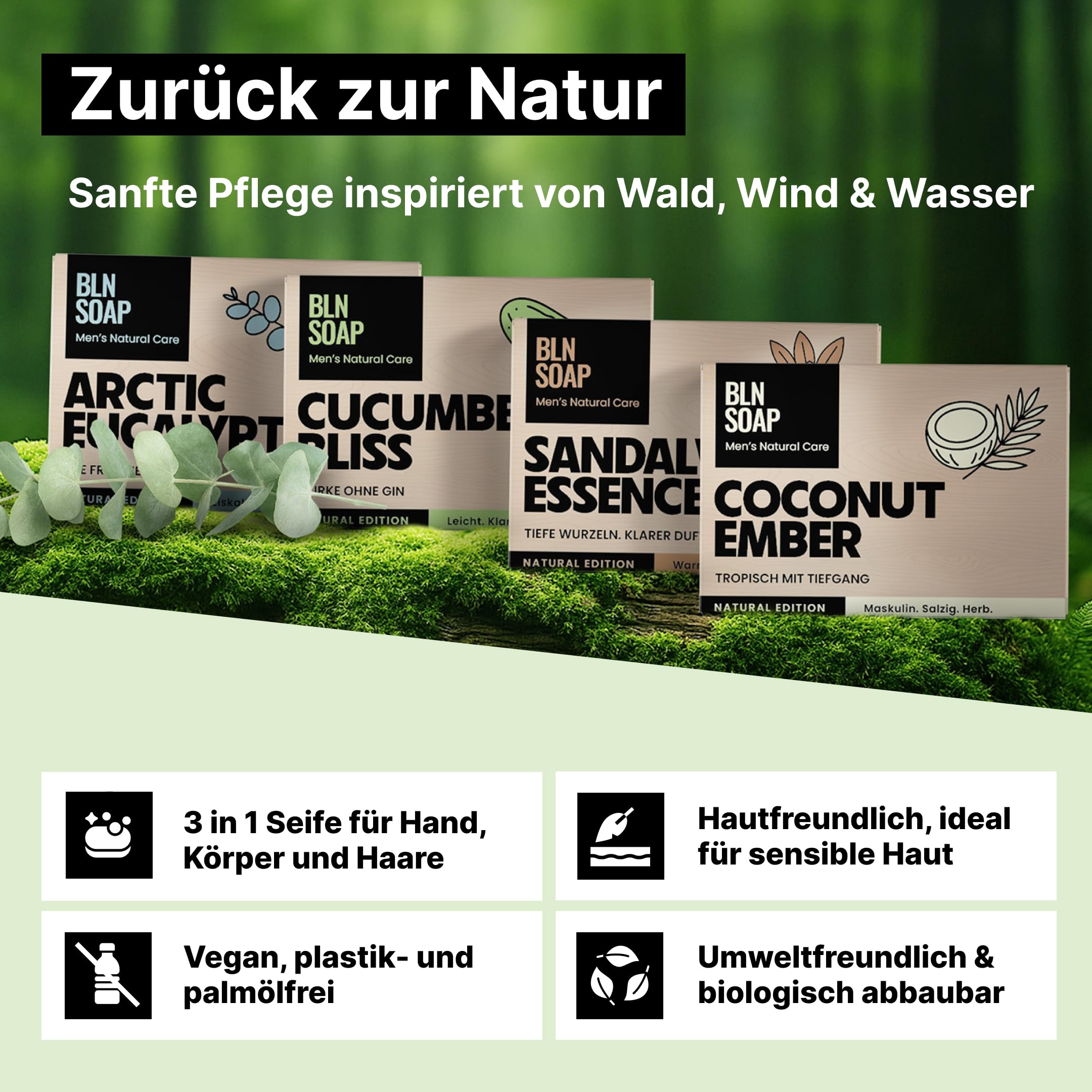 Männerseifen-Set Natural Edition: Feste Naturseifen für Männer, Geschenkset Herren, 3-in-1 Duschseife für Hand, Körper und Haare, Shampoo Mann, Festes Duschgel, Seife Vegan, 4 x 135 g, BLN SOAP