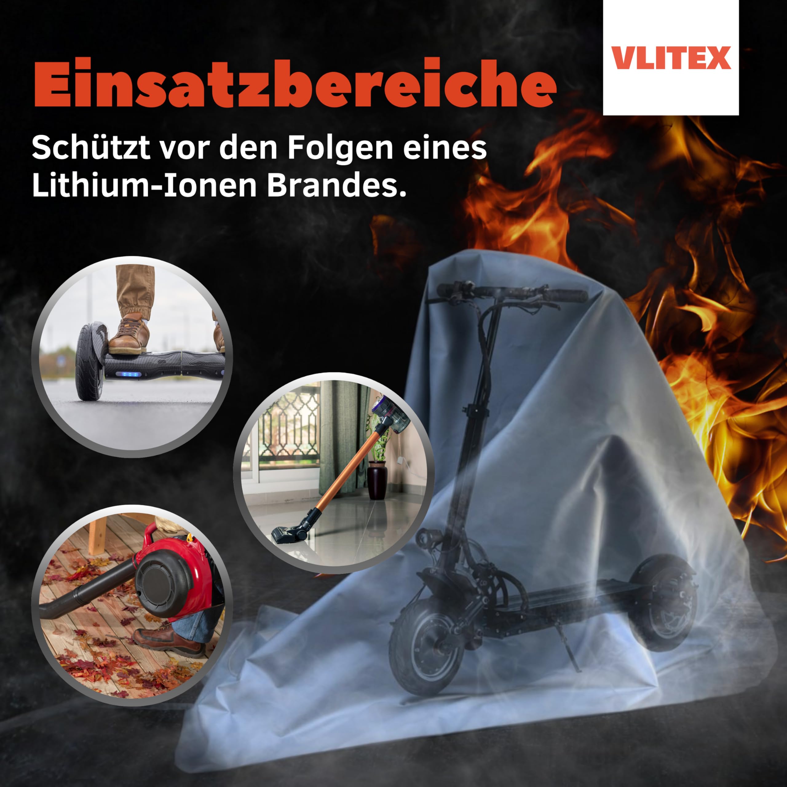 VLITEX Große Löschdecke 2,5 x 3 m | Brandschutzdecke für Lithium Akkus, Batteriespeicher, Elektrobrände | Branddecke für E-Scooter, E-Board, Laubsauger etc. | Profi Feuerlöscher Decke