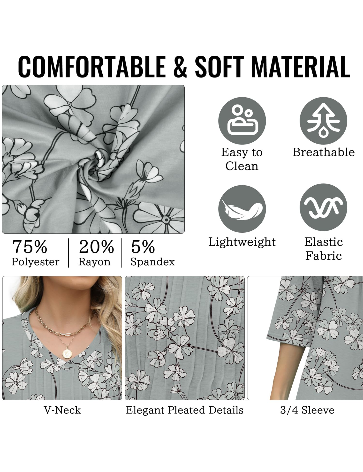 IEEILULU Blusas Mujer Verano, Camisa Mujer Manga 3/4 Cuello en V, Blusas Madam Verano Elegantes, Elegante Tops Casual Sueltas de Oficina