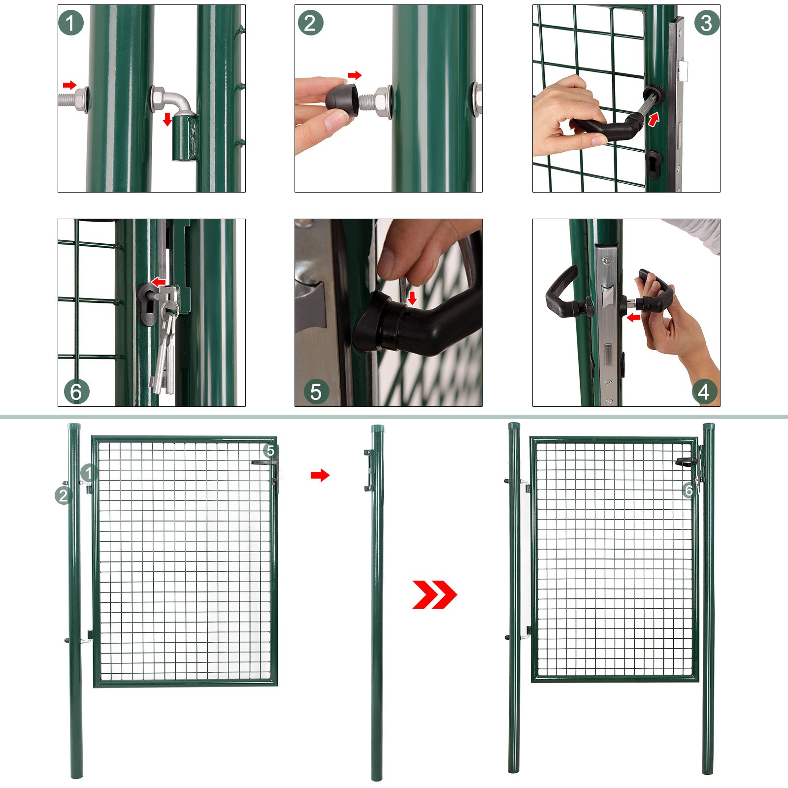 SONGMICS Cancello da Giardino, Cancelletto da Giardino, Acciaio Zincato con Serratura, Porta di 87 x 90 cm, Cancello per Recinzione, 106 x 90 cm (L x H), Verde GGD150G