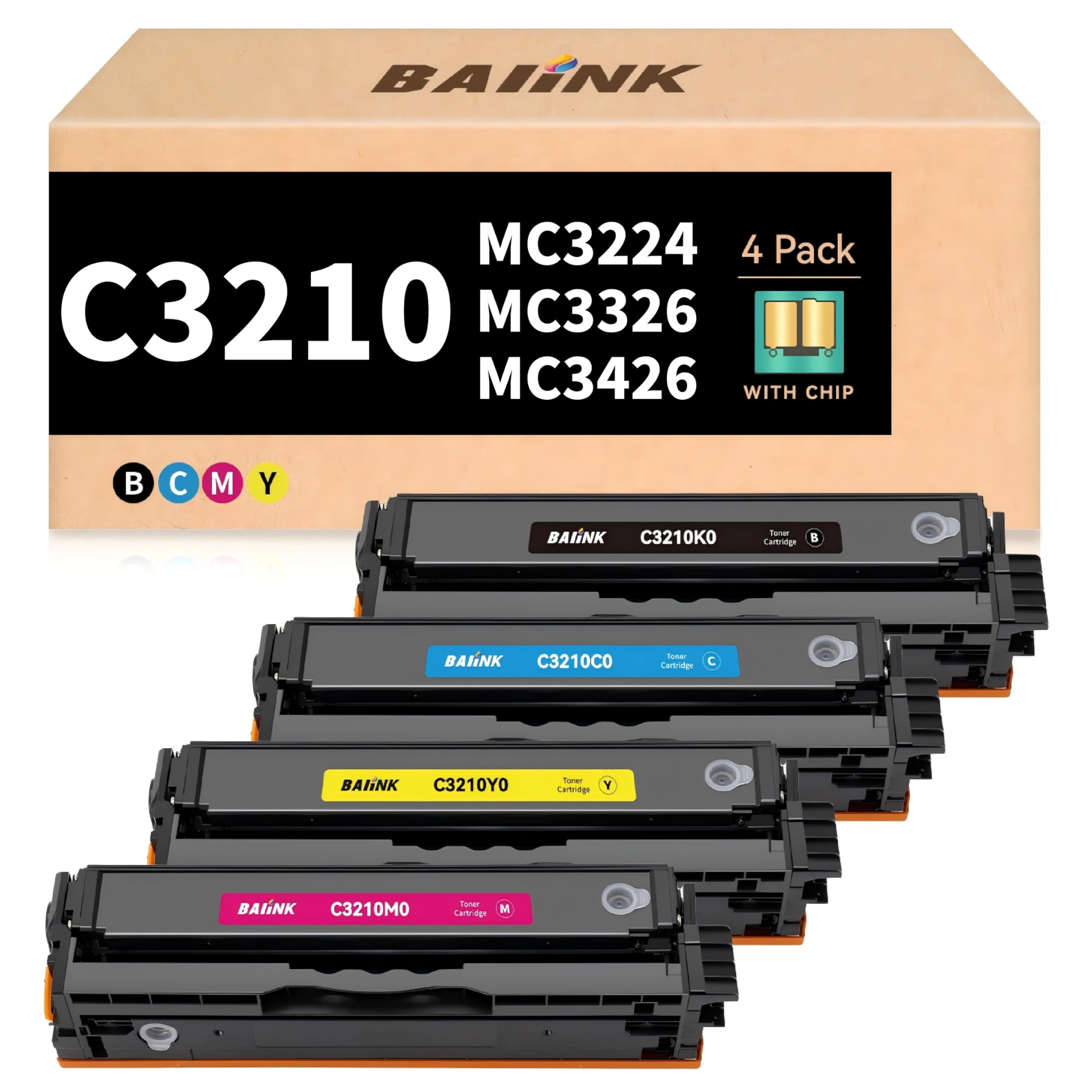 Photo 1 of BAIINK C3210 C3224 Remanufactured Toner Cartridge 4 Black Compatible with Lexmark C3210K0 C3210C0 C3210M0 C3210Y0 Toner Cartridges for C3224 C3326 C3426 MC3224 MC3326 MC3426 Printer (with Chip)
