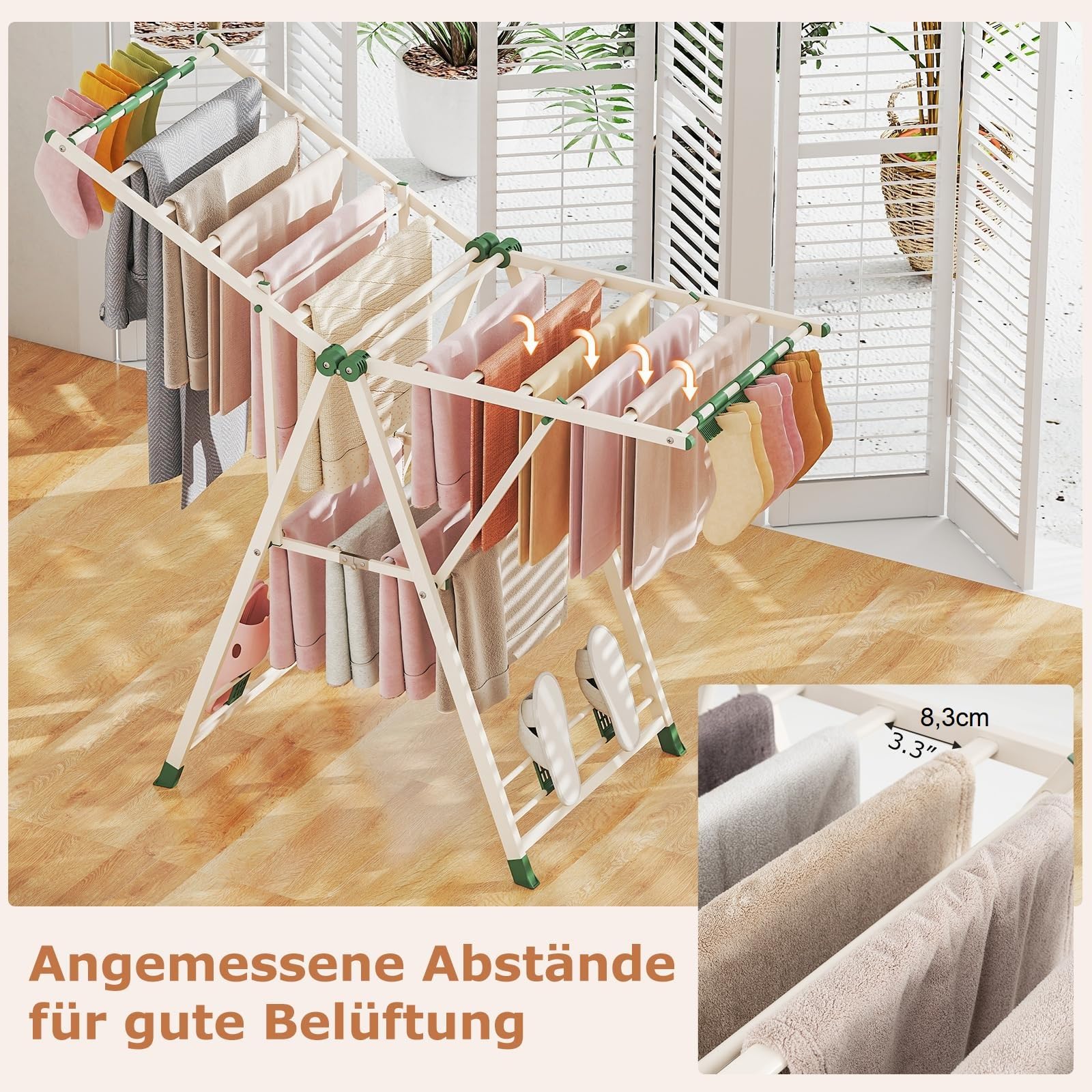 COSTWAY Wäscheständer klappbar mit verstellbaren Flügeln, Sockenklammern & Schuhablage, Wäschetrockner ausziehbar, Trockenständer freistehend für die Wäsche drinnen & draußen (Beige,141cm)