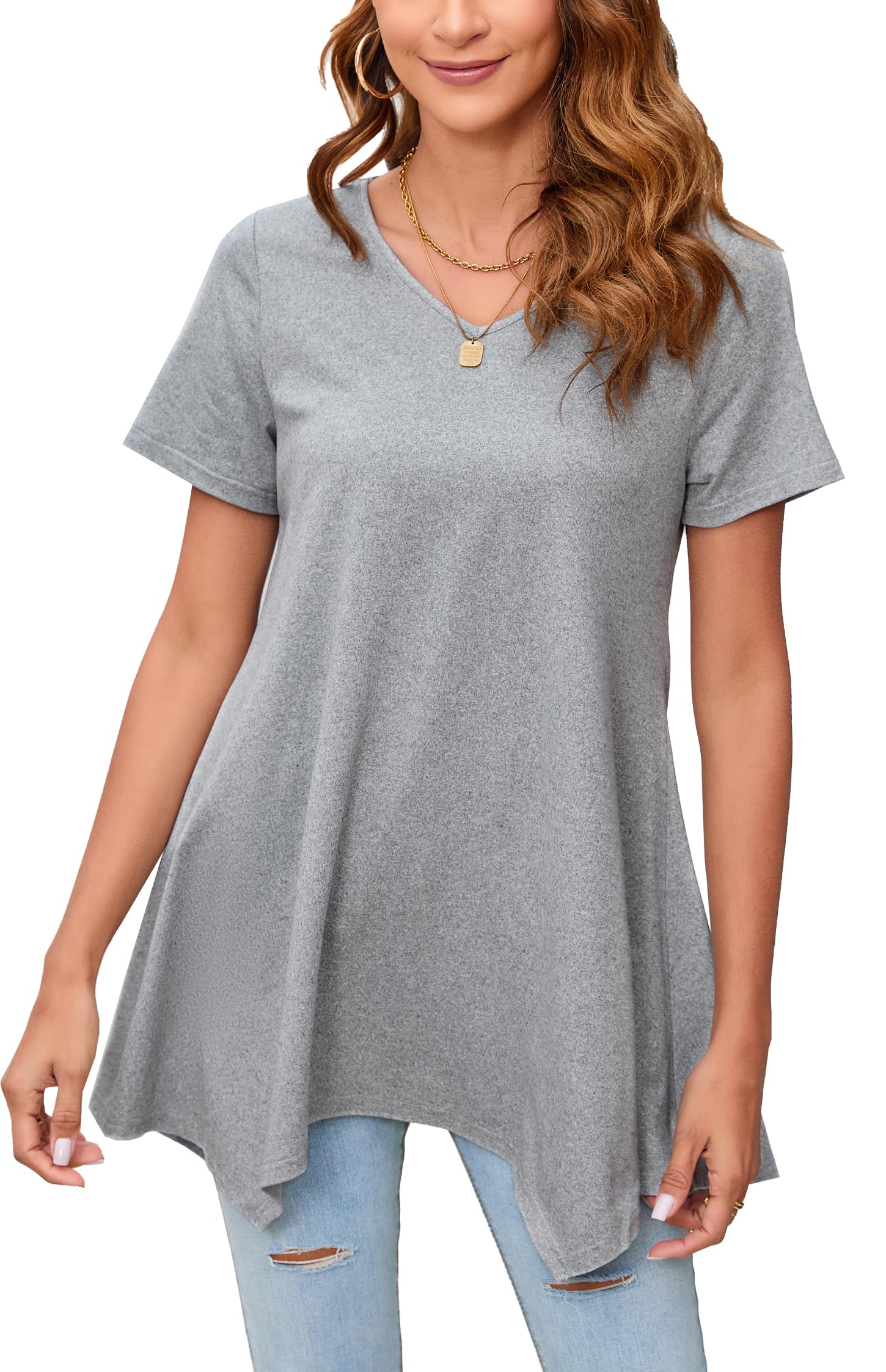 Enmain Camiseta Mujer Manga Corta Top Túnica Blusa Larga on Cuello en V Talla Grande Tops de Colores Sólidos/Estampadas T Shirt para Mujeres S-3XL