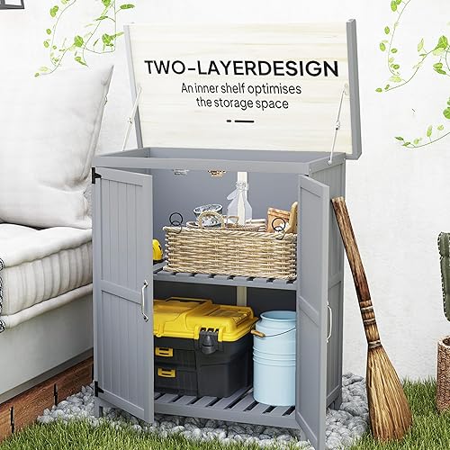 Miniatura 5 de Outsunny Armario de almacenamiento al aire libre, cobertizo de herramientas de jardín con mesa y estante de metal, banco de madera para macetas con