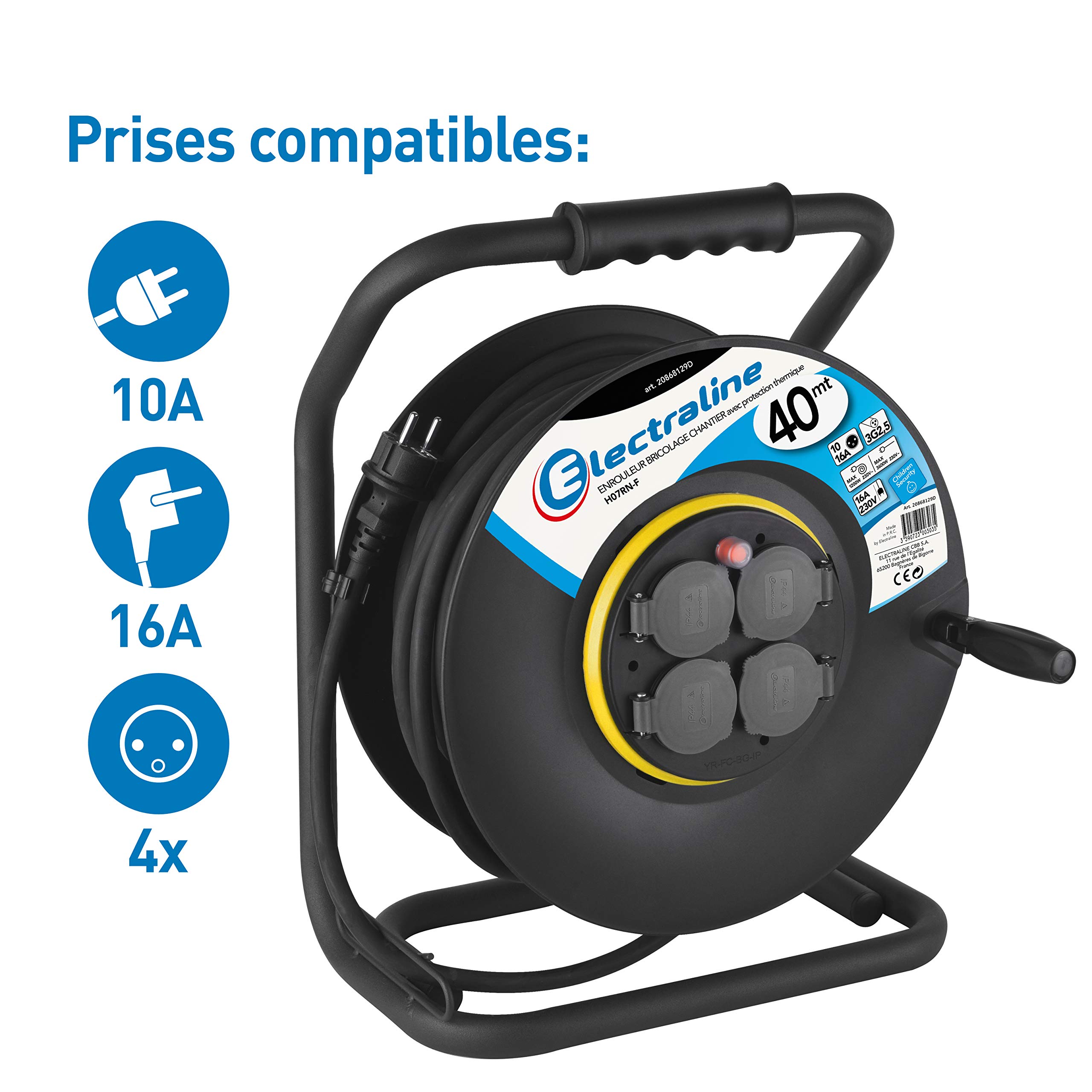 Electraline 20868129D Rallonge Prolongateur électrique IP44 Profesionnelle 40 m avec enrouleur Noir - Section 3G2,5 mm²