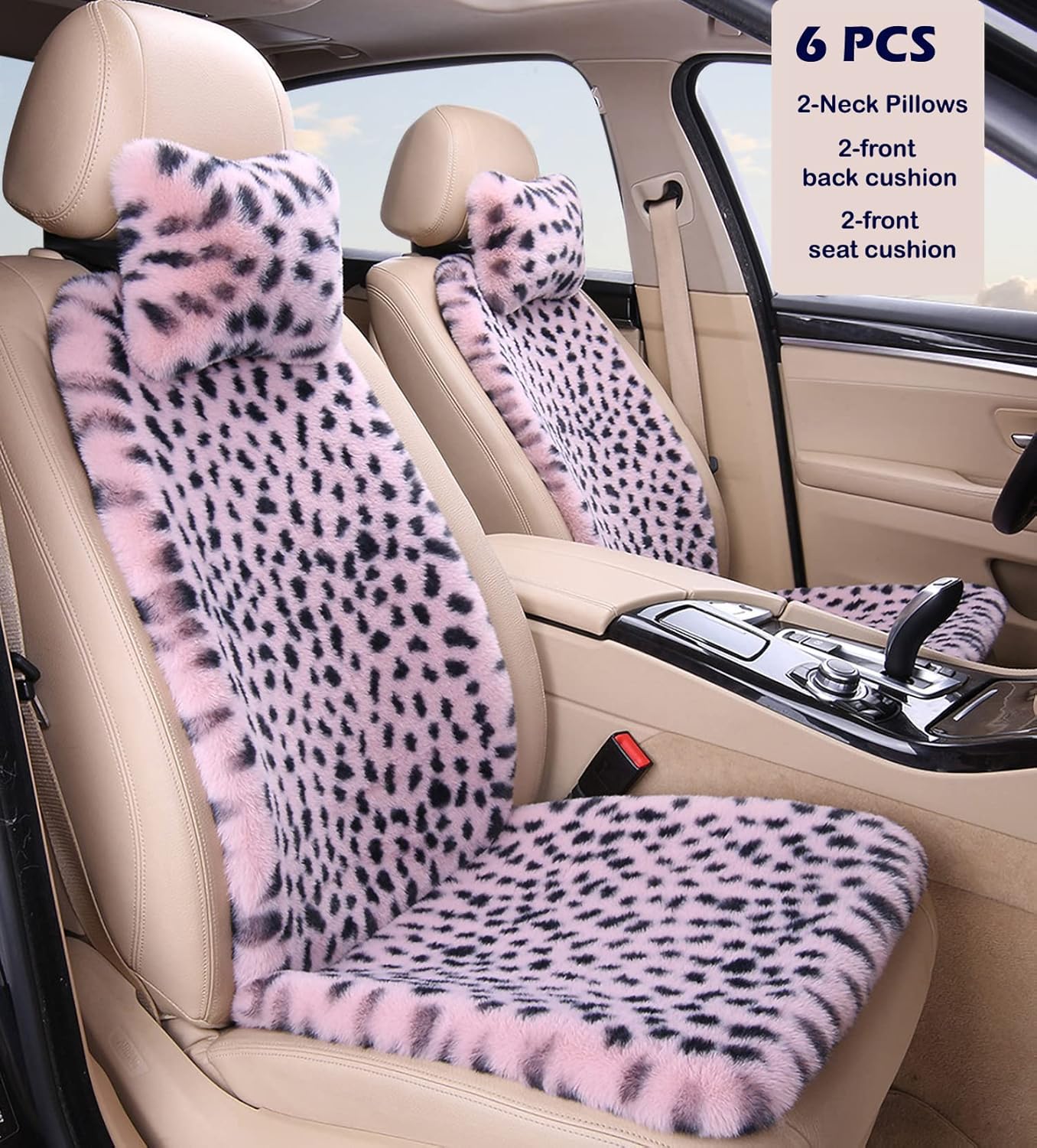 Fluffy Leopard Seat Covers for Cars Front Seat Covers Carseat Front Two Seat Protectors with 2 Neck Pillows for Truck SUV Auto-Pink Leopard-Front 6 PCS - Image 2