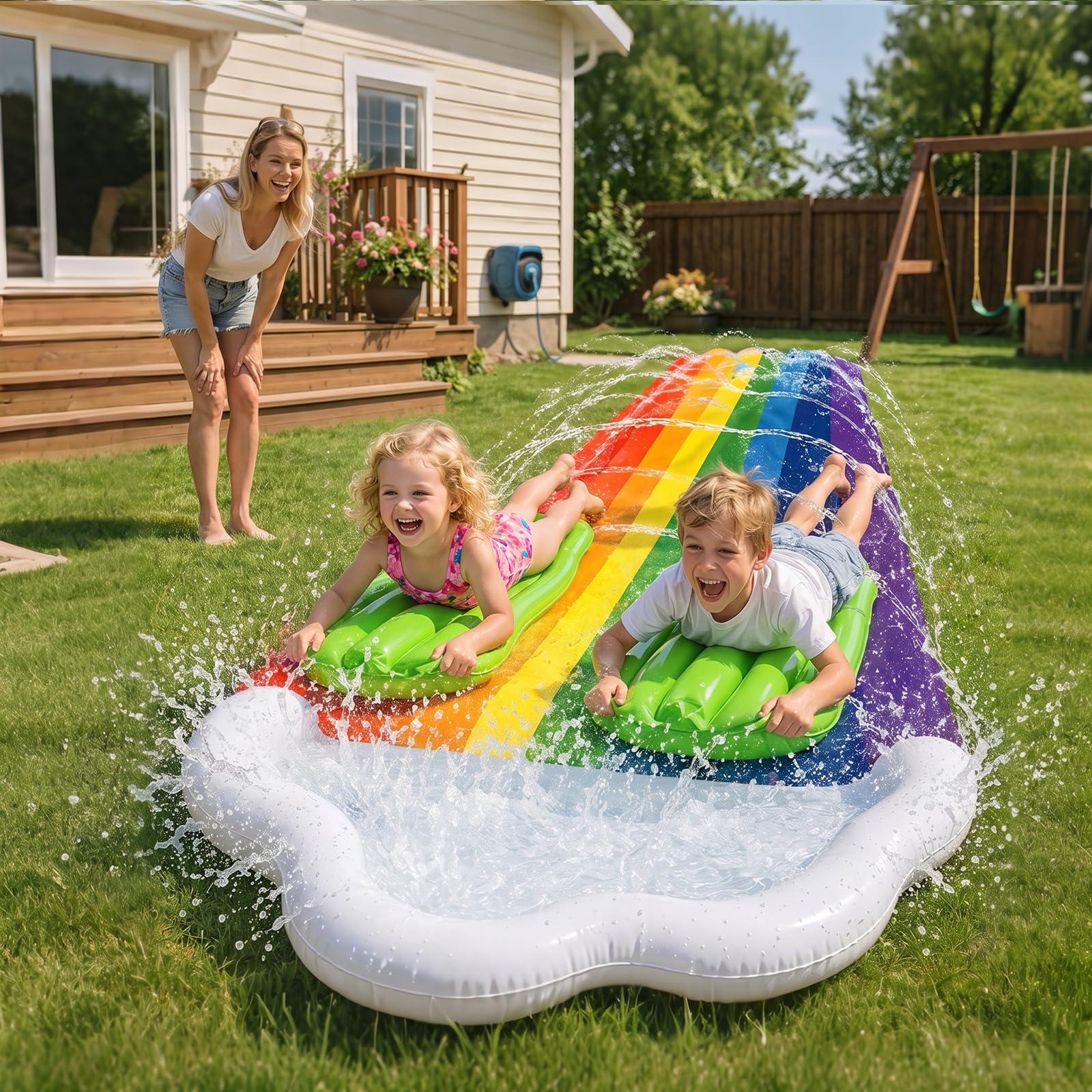 Morofme Toboggan aquatique arc-en-ciel pour enfants, 480 x 140 cm, double toboggan d'eau avec planche de bodyboard, toboggan d'eau avec pulvérisateur d'eau, pour adultes, enfants, extérieur, pour