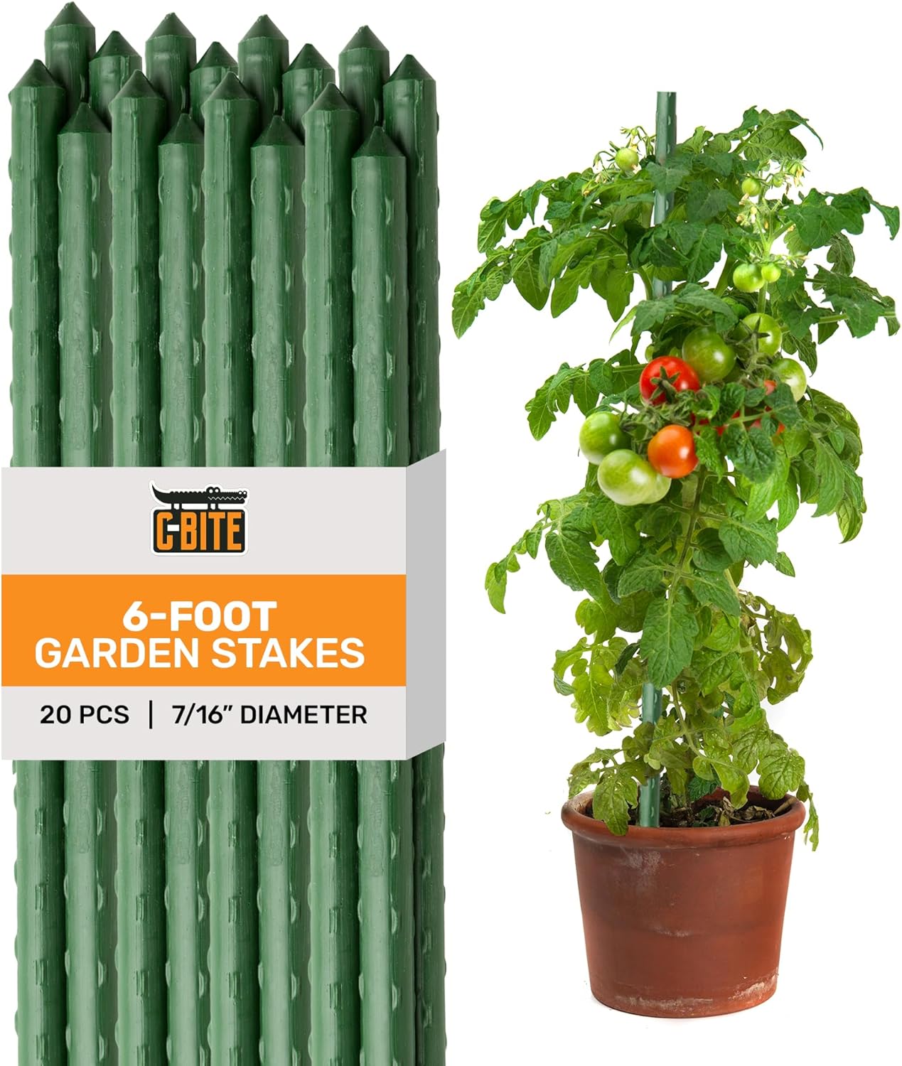 Garden Stakes | 6-Foot Plant Support Sticks for Tomatoes, Beans, and Climbing Plants | Use with C-Bites to Build Plant Cages, Trellises, and Fences | Durable Gardening Stakes (20 Pack)