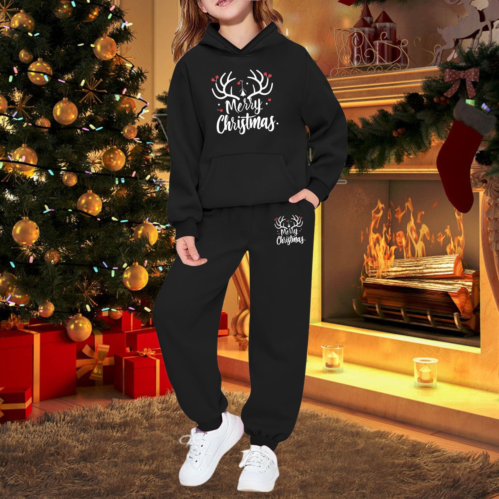 Generisch Weihnachts Jogginganzug Kinder Weihnachtskostüm mit Weihnachten Briefe Drucken Trainingsanzug 2 Teilige Hoodie und Jogginghose Tracksuit Warm Freizeitanzug Weich Jogginganzüge