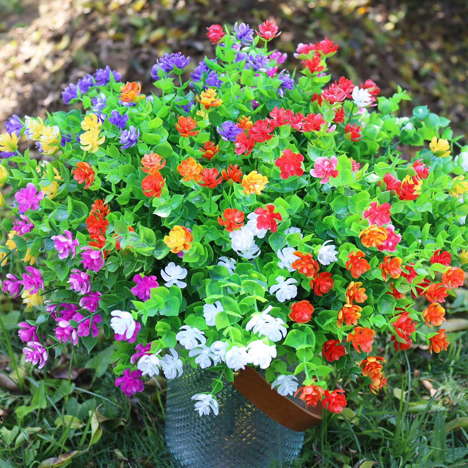 ZOVAREGE 24 Bundles Artificial Plastic Flowers Fake Outdoor Plants, UV Resistant Outside Hanging Plants, Bushes Garden Patio Porch Window Box Farmhouse Bouquet Filler Decor.