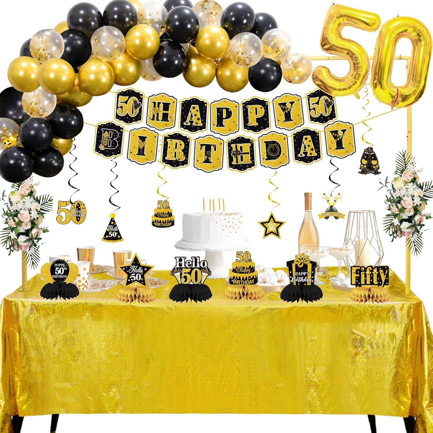 Trgowaul 50th Balloon Arch Birthday Decoration Set, Black Gold Birthday Party Supplies, Over The Table Rod Stand with Clamps, Balloon Arch Kit with Table Covers, 50th Birthday Flags, 50 Year Old Decor