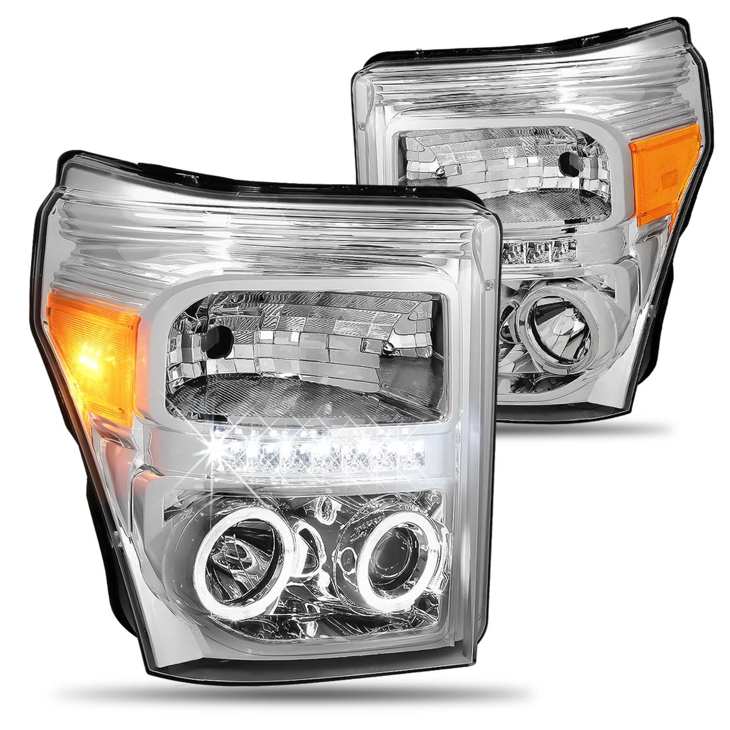 Headlight Assembly Compatible with Ford F250 F350 F450 F550 Super Duty 11-16 LED DRL Dual Halo Projector Headlamp Set Chrome Housing Amber Corner FO2503290 FO2502290 CAAP-FSU13-LED-HPL-CHAM-HL