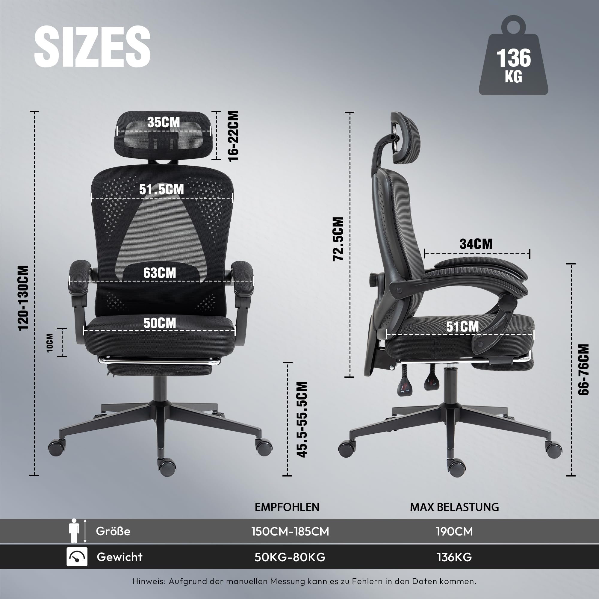Dowinx Sedia da ufficio ergonomica con poggiatesta e supporto lombare, direzionale con poggiapiedi, regolabile in altezza e schienale, mesh, 150 kg, nero
