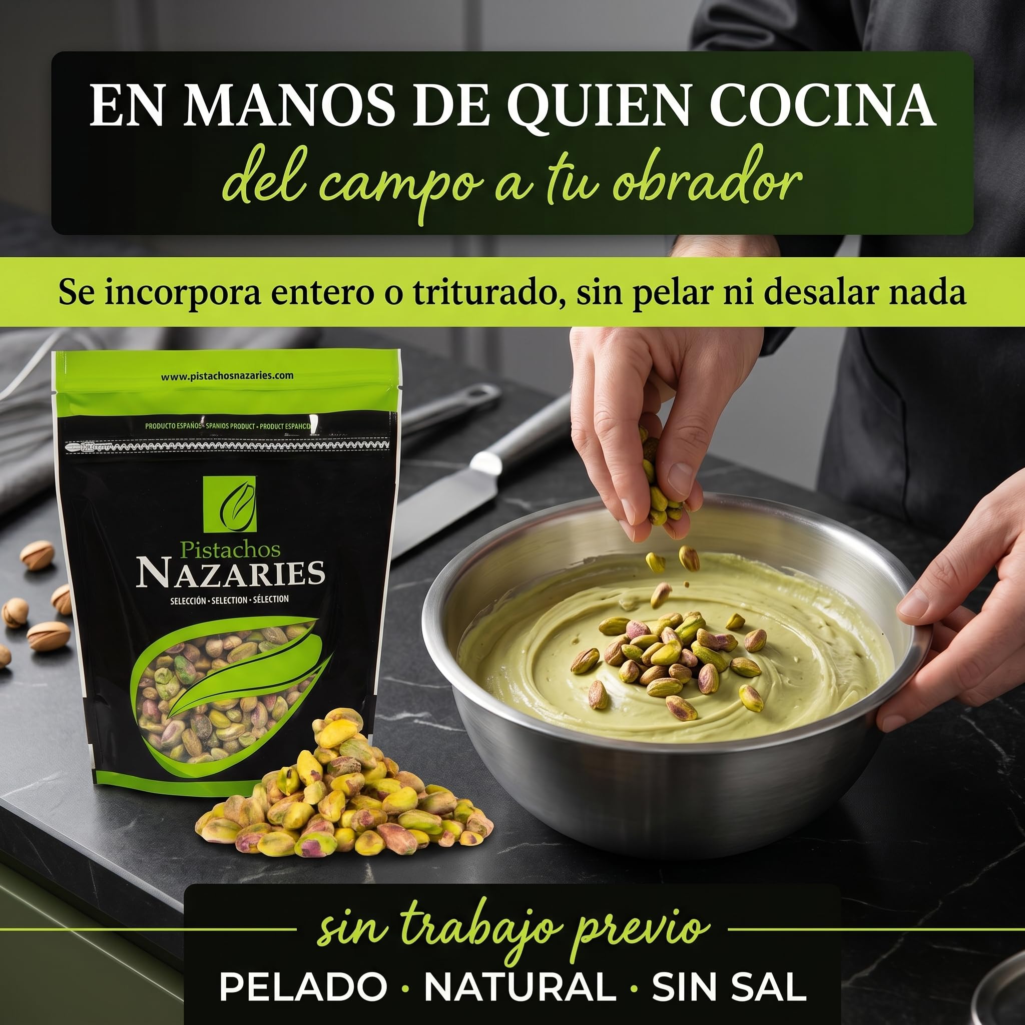 PISTACHOS NAZARIES Pelados Sin Cascara Sin Sal en Grano Natural 500 g 2x250 g Pistachos Españoles Frutos Secos Andaluces Cultivo Propio en Malaga Snack Saludable Aperitivo Reposteria Helado Bizcocho