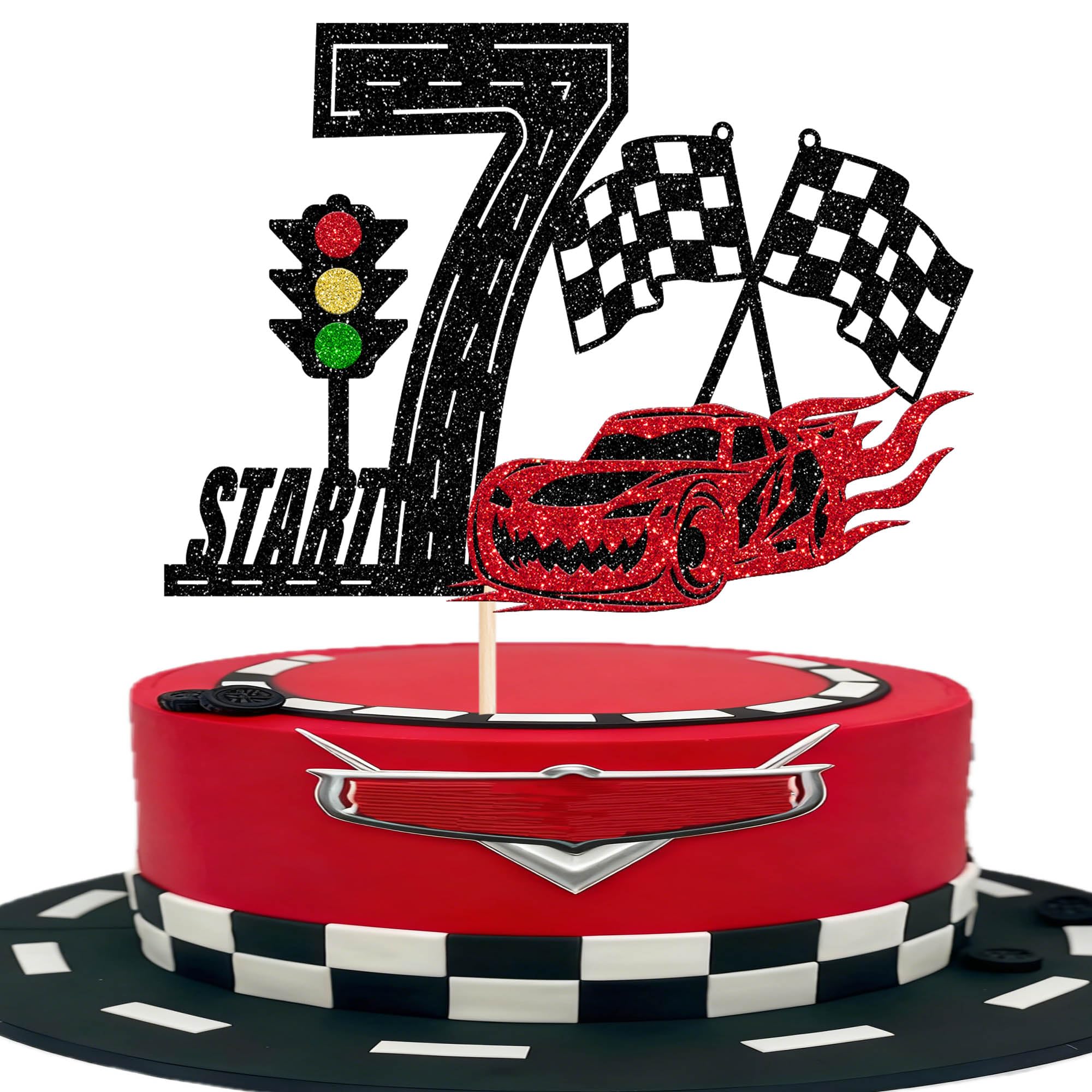 1 Stück Renn Auto 7th Geburtstag Tortendeko Glitzer Ampel Karierte Flagge Kuchen Deko Happy Birthday Cake Topper ür Rennen Thema Baby Dusche Kinder Geburtstag Party Kuchen Dekorationen