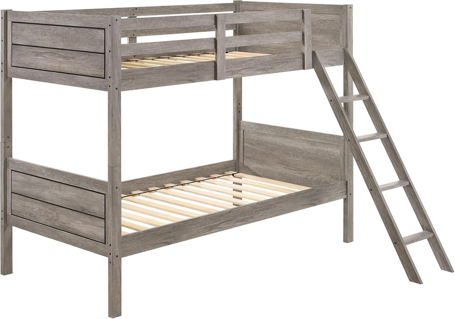 Coaster Home Furnishings Ryder Farmhouse Wood Twin Over Twin Size Bunk Bed Frame with Ladder and Guardrails Fully Slatted Mattress Ready Foundation Weathered Taupe 400818