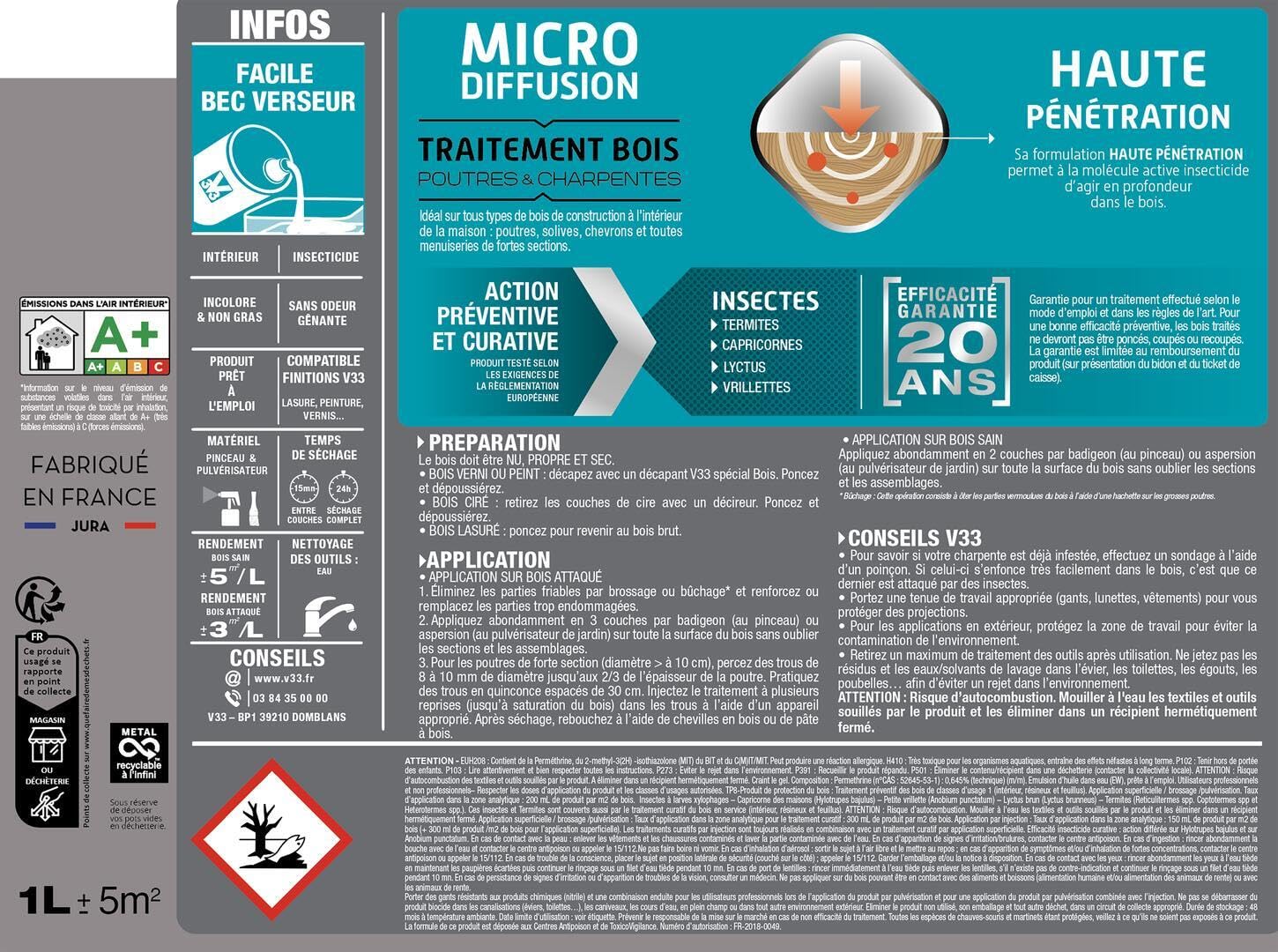 V33 Traitement bois poutres & charpentes, Incolore 1L