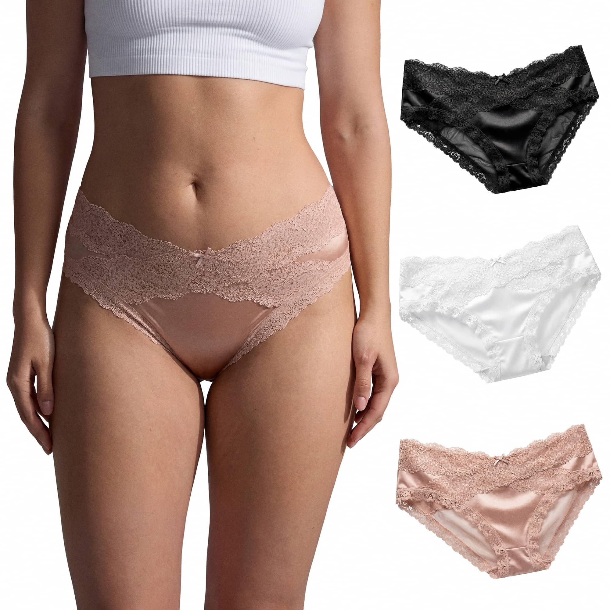 Womens Low Rise Lace Panties Cheeky Bikini Underwear Soft V-Front Silk-Blend Gusset