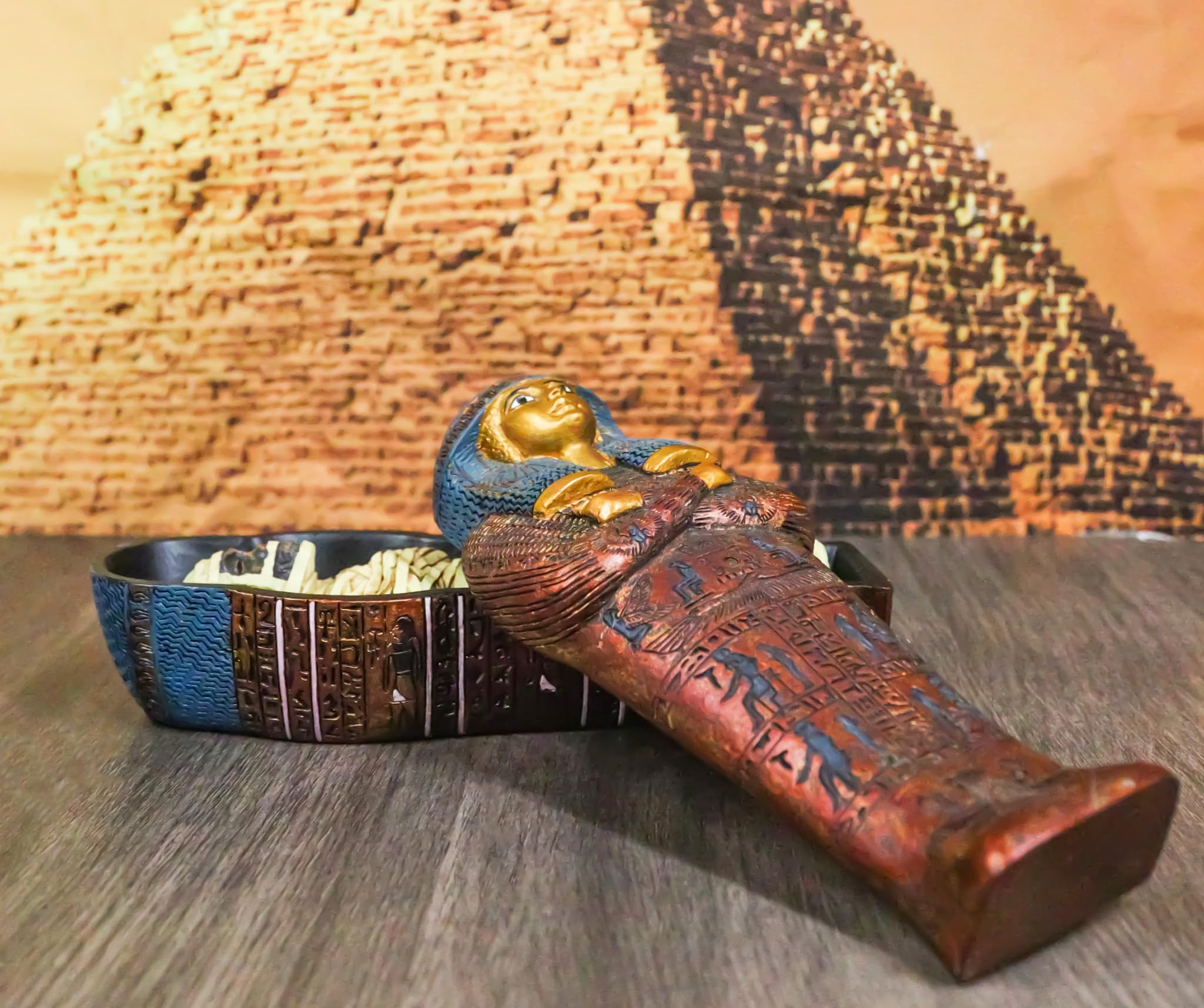 Ebros Ancient Egyptian Civilization Maatkare Hatshepsut The Great Royal Queen of Pharaoh Thutmose Sarcophagus Coffin with Embalmed Mummy Mini Figurine 3 Piece Set 7" Long Pyramid Relic - Image 9