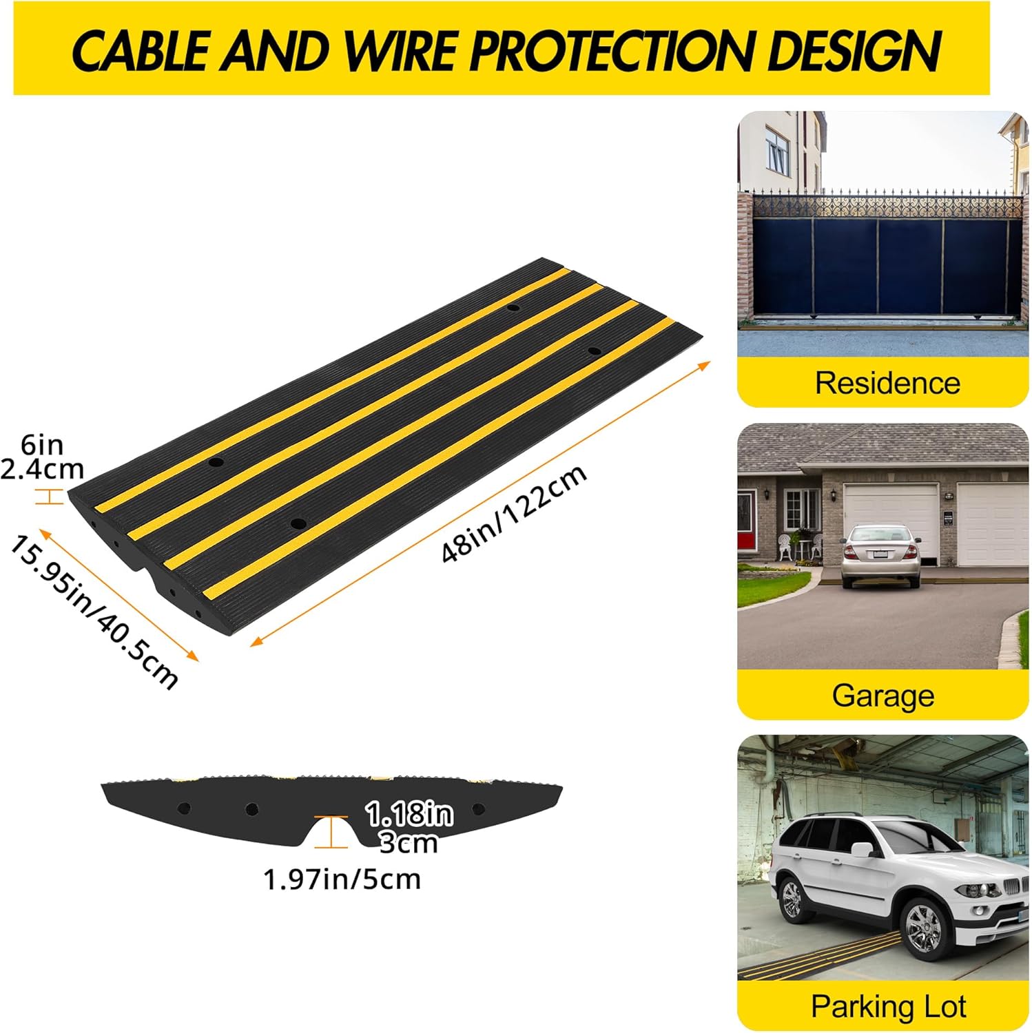 48" Rubber Driveway Curb Ramps, 3-Pack Heavy Duty Low Profile Slope Ramps with Drainage Channels for Cars, Trucks, Wheelchairs - Perfect for Garage Thresholds & Driveway Entrances