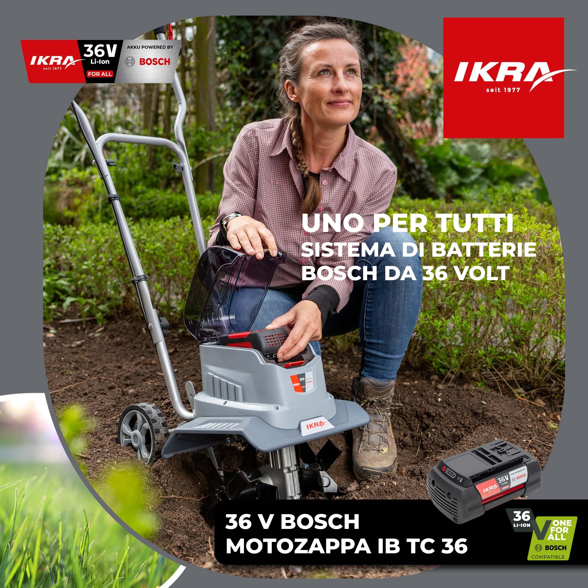 IKRA motozappa IB-TC 36, senza batteria da 36 V e caricabatterie