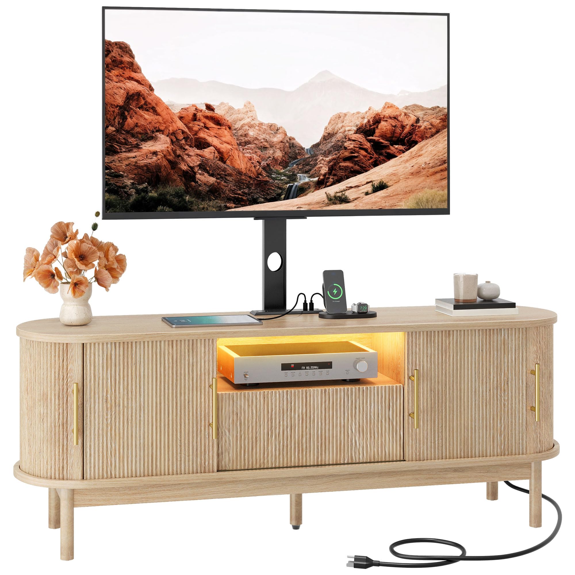 YITAHOME Fluted TV Stands for Living Room with Mount, Modern Entertainment Center for 32-70 inch TVs, LED Curved TV Stand with PowerOutlets & LED Light, Curved Profile Design, Natural Oak