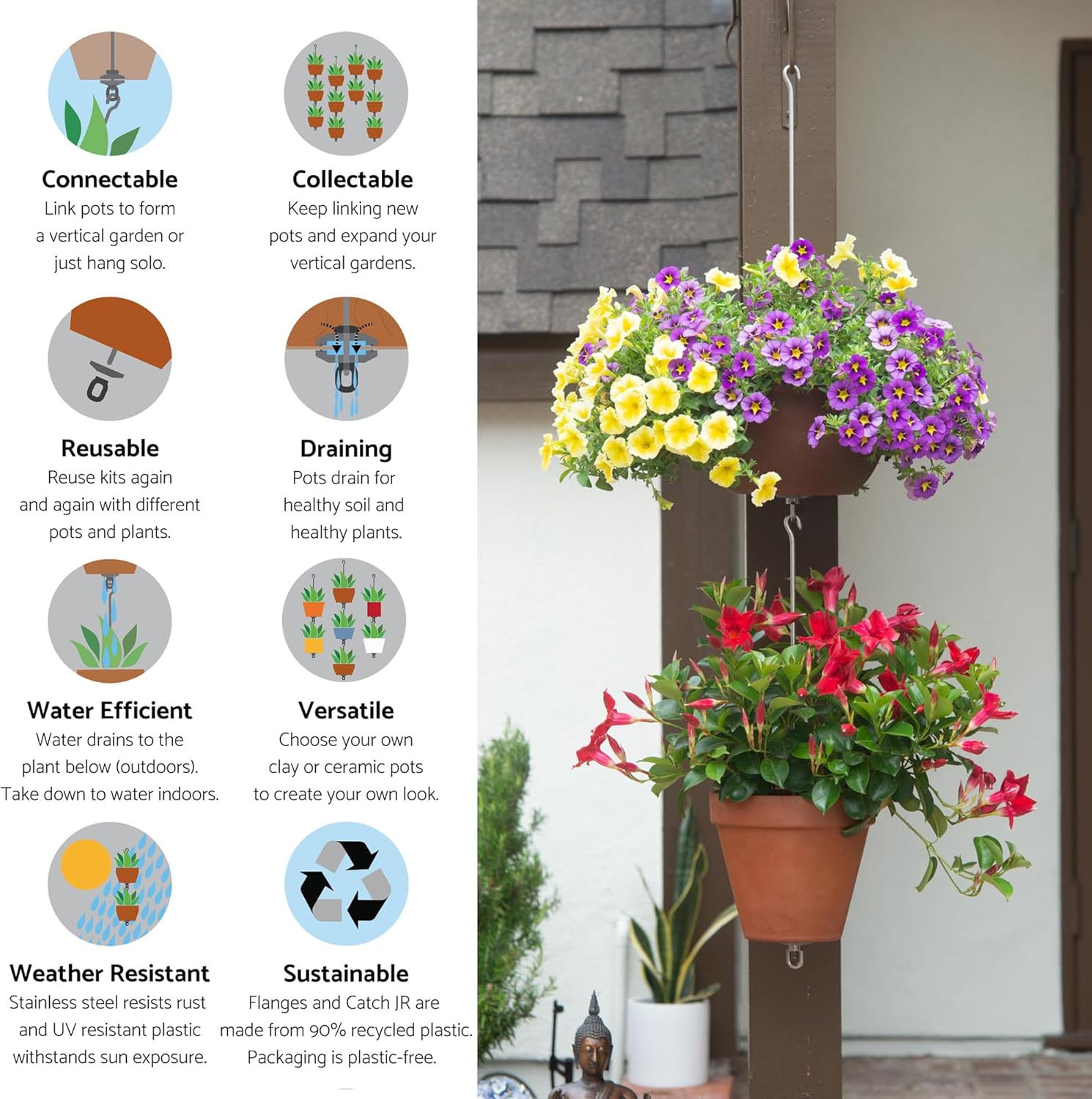 24-inch Pot Hangers (2 Kits) + Grow Chains (1 Set) - Hang and Connect Large Clay Pots w/Drainage for Healthy Plants, Hanging Planter Vertical Garden, Indoor/Outdoor, Stainless Steel