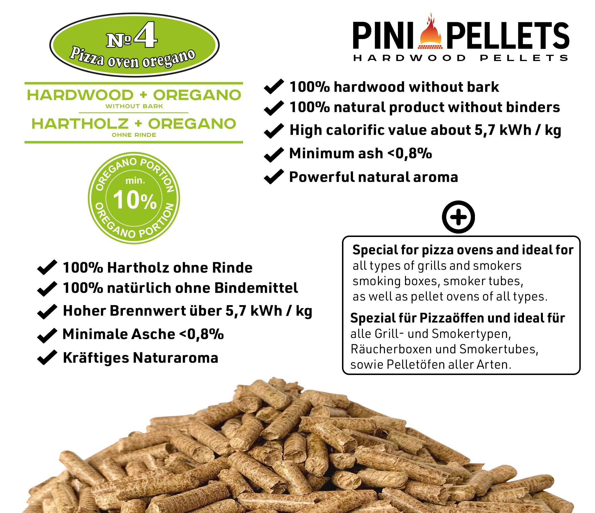PINI Pellet di Legno Duro № 4 BBQ Pizza Oven Origano 10 kg per Pellet azionati forni Pizza
