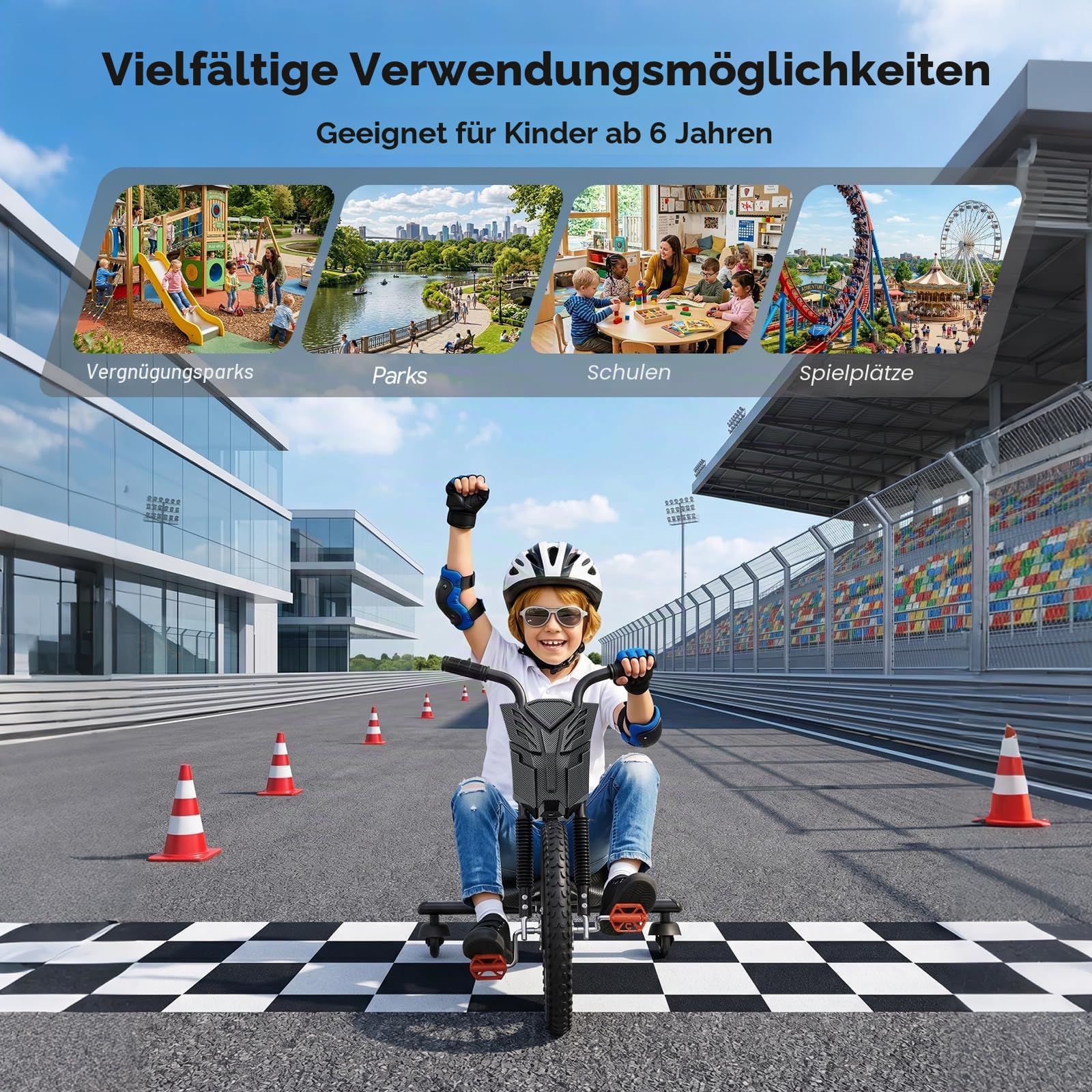 Drift-Trike mit Pedalantrieb, Go-Kart belastbar bis 80 kg, Jugend-Trike 4-Gang, Fahrzeug Funfahrzeug mit Stabiler Dreirad-Konstruktion, Rutscherfahrzeug kippsicheres Design, für Kinder, Outdoor