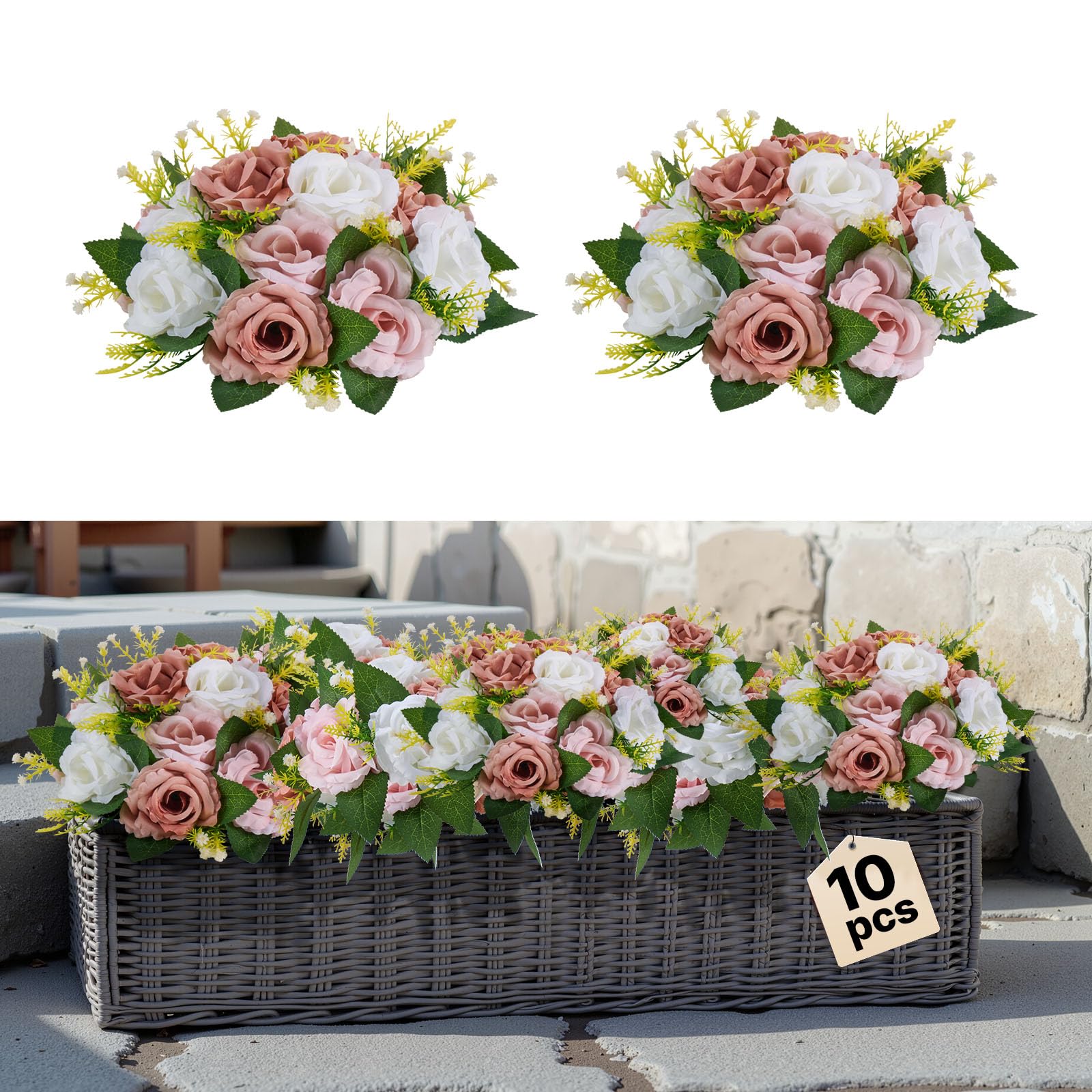 VEVOR Boules de Fleurs Artificielles, Lot de 10, Diamètre 24 cm, Compositions Roses Artificielles pour Centres de Table, Mariages, Fêtes, Saint-Valentin, Décoration d'Intérieur, Roses en Rose et Blanc