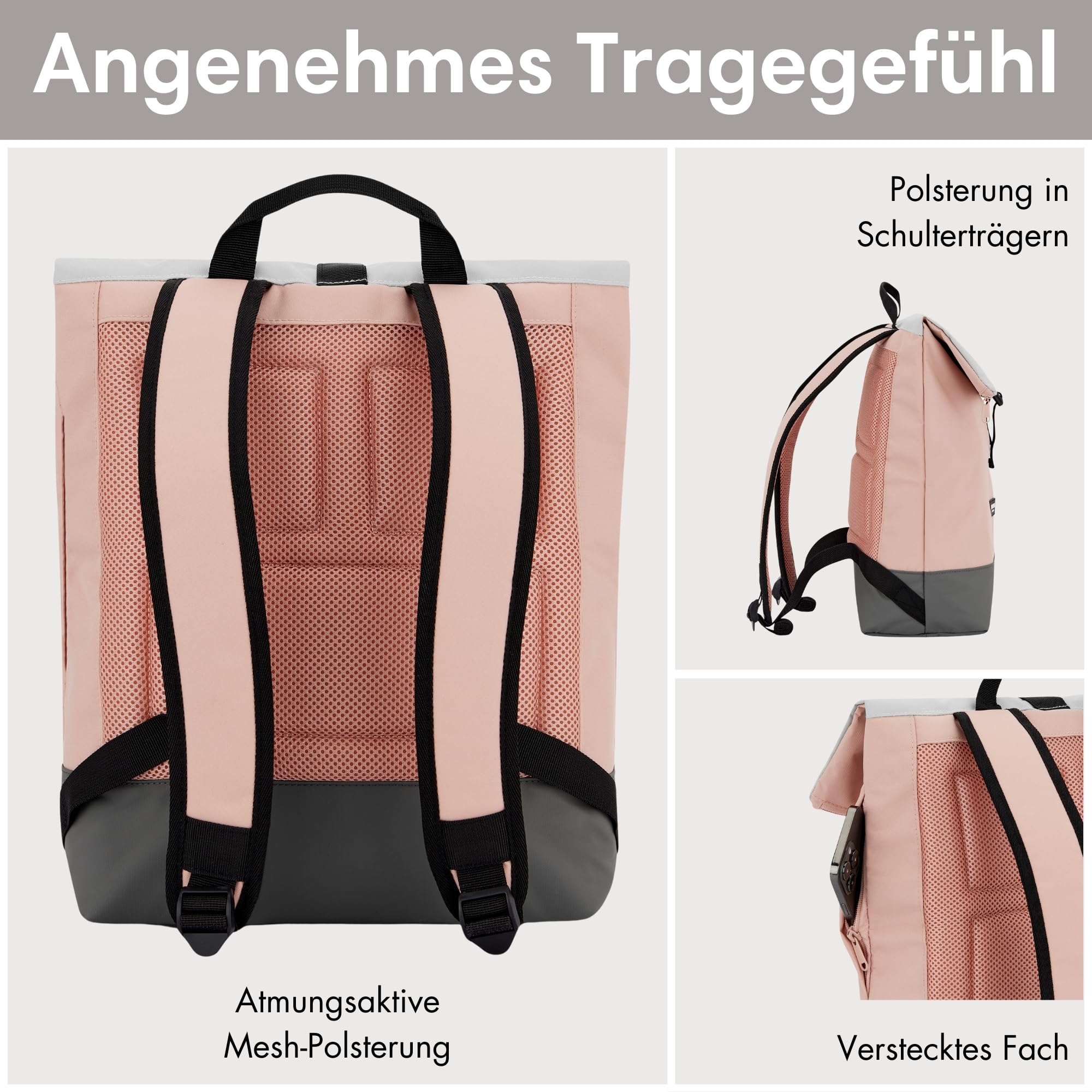 LARKSON Rucksack Damen & Herren Rosa - Tammo - Rolltop Daypack für Arbeit Uni Fahrrad - Backpack mit 16 Zoll Laptop Fach - Rückenpolsterung & Wasserabweisend
