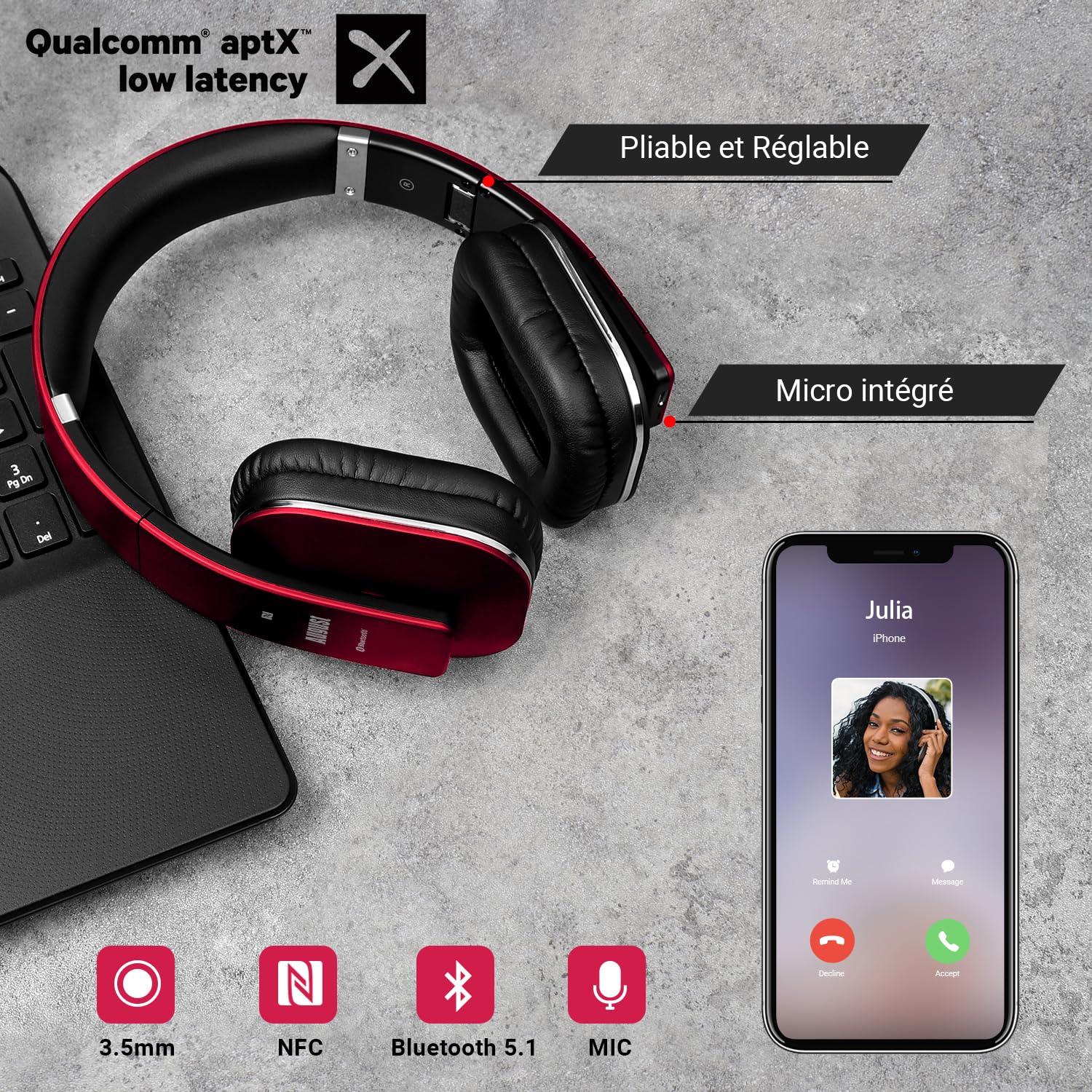 August EP650 - Casque Bluetooth Rouge sans Fil 4.2 aptX Low Latency-Circum Auriculaire avec Micro Léger Pliable Confortable NFC-Casque Audio Homme Femme Compatible iPhone Android TV Ordinateur Sport