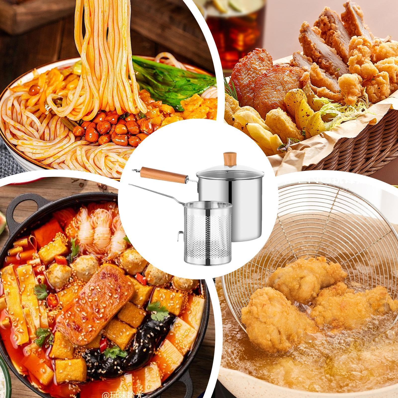 Pentola a induzione di calore, pentola con cestello e coperchio, filtro 'olio in acciaio inossidabile, contenitore versatile per filtro 'olio a bocca larga, per casa, campeggio, patatine