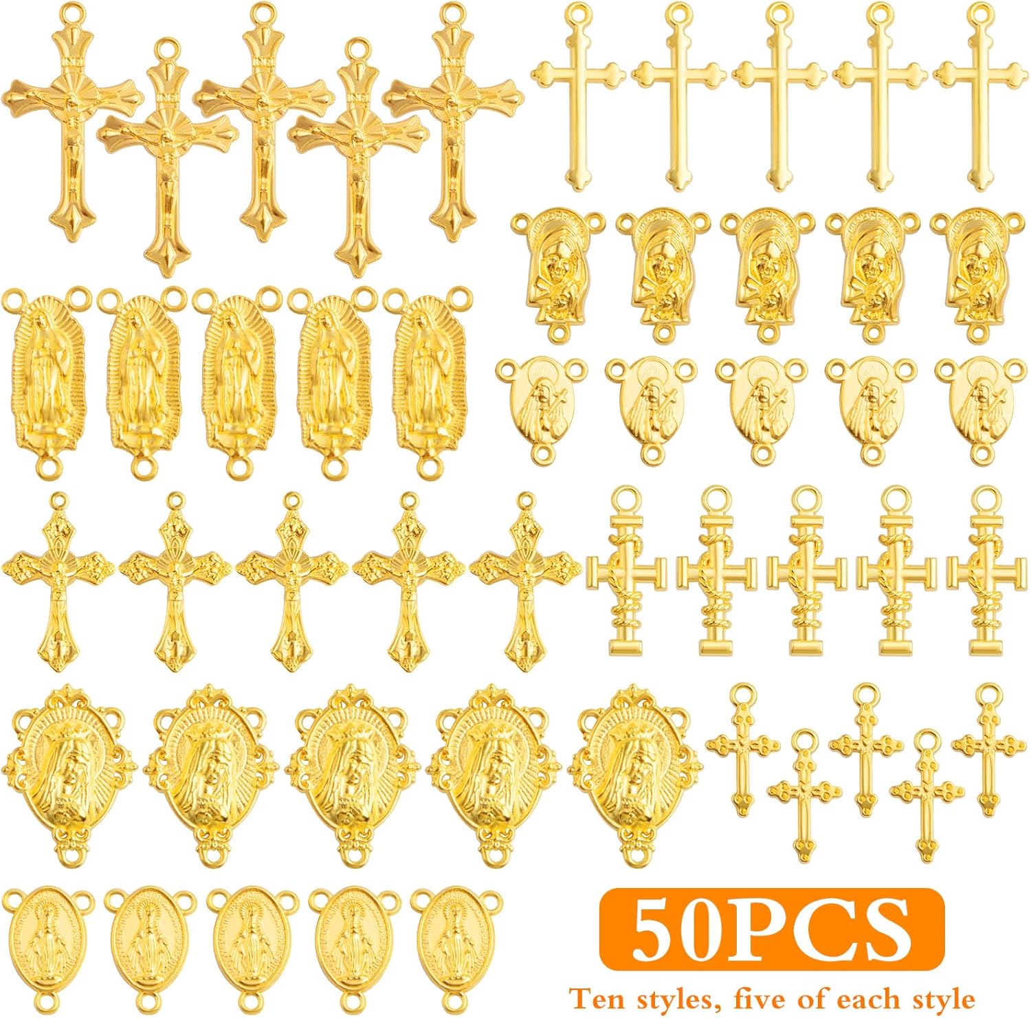 50pcs Rosary Cross and Center Miraculous Medal Charms Tibetan Jesus Crucifix Pendants Virgin Mary Oval Chandelier Links for DIY Rosary Necklace Jewelry Making, 10 Styles - Image 2