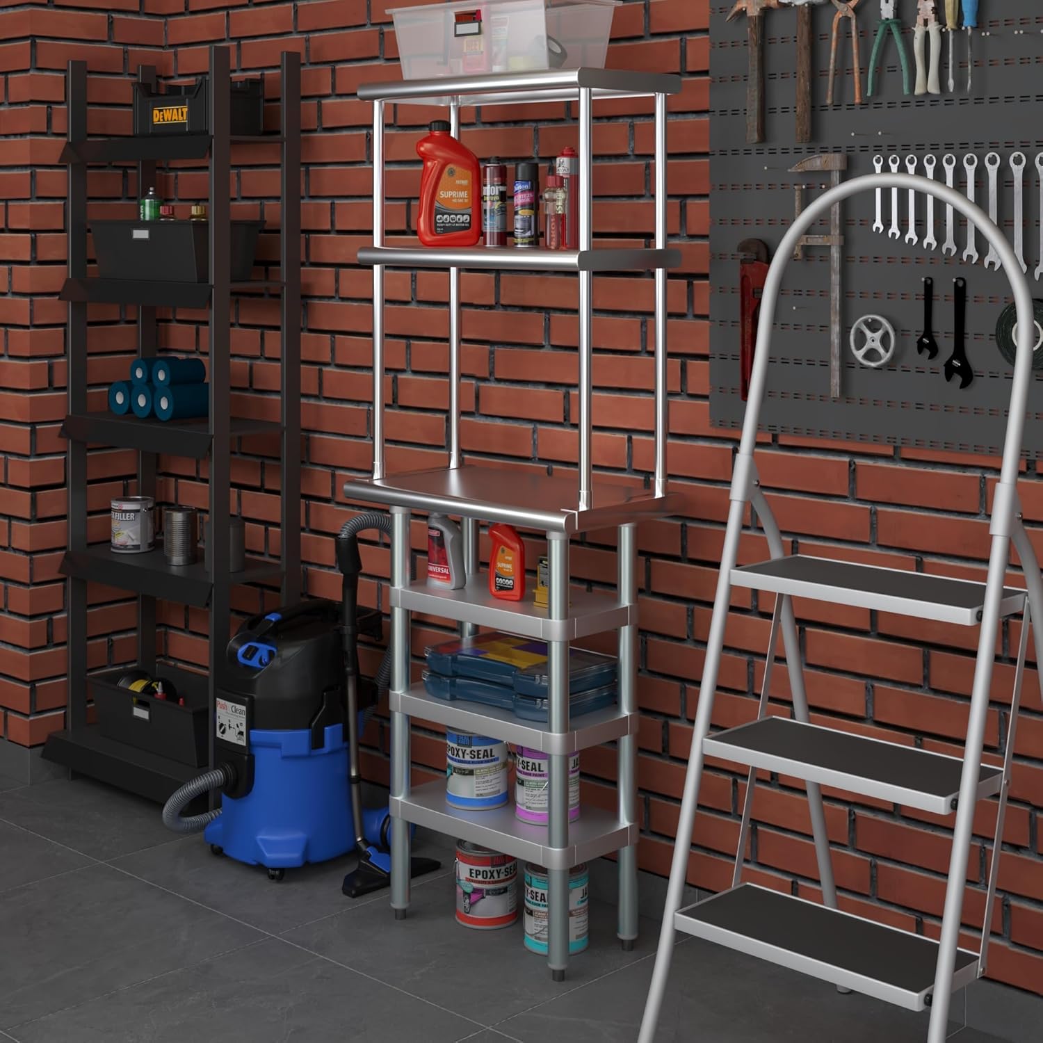 Amgood 14" x 24" Stainless Steel Work Table with 3 Shelves and 12" Wide Double Tier Overshelf | Metal Kitchen Prep Table & Shelving Combo | NSF