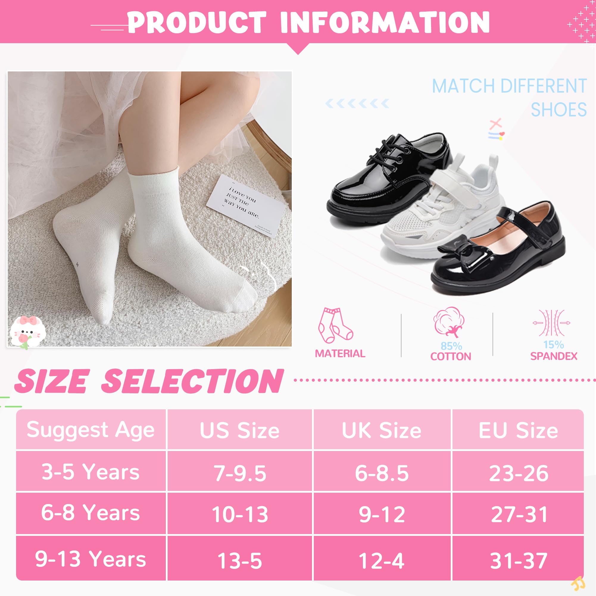 SEEYAN 6 paia di calzini da bambina in cotone rosa a righe con cuore colorato per bambini