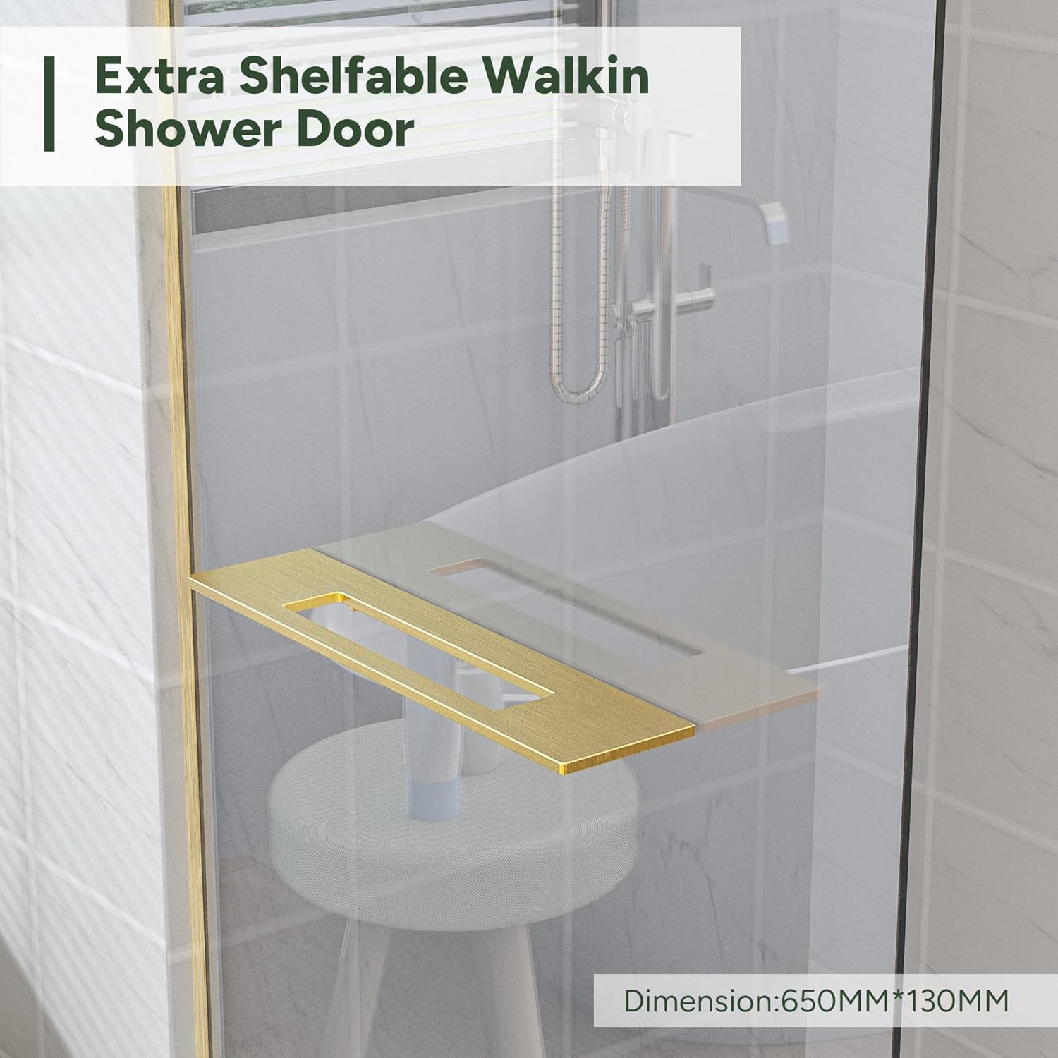 Close-up of the large fixed shelf on the shower panel