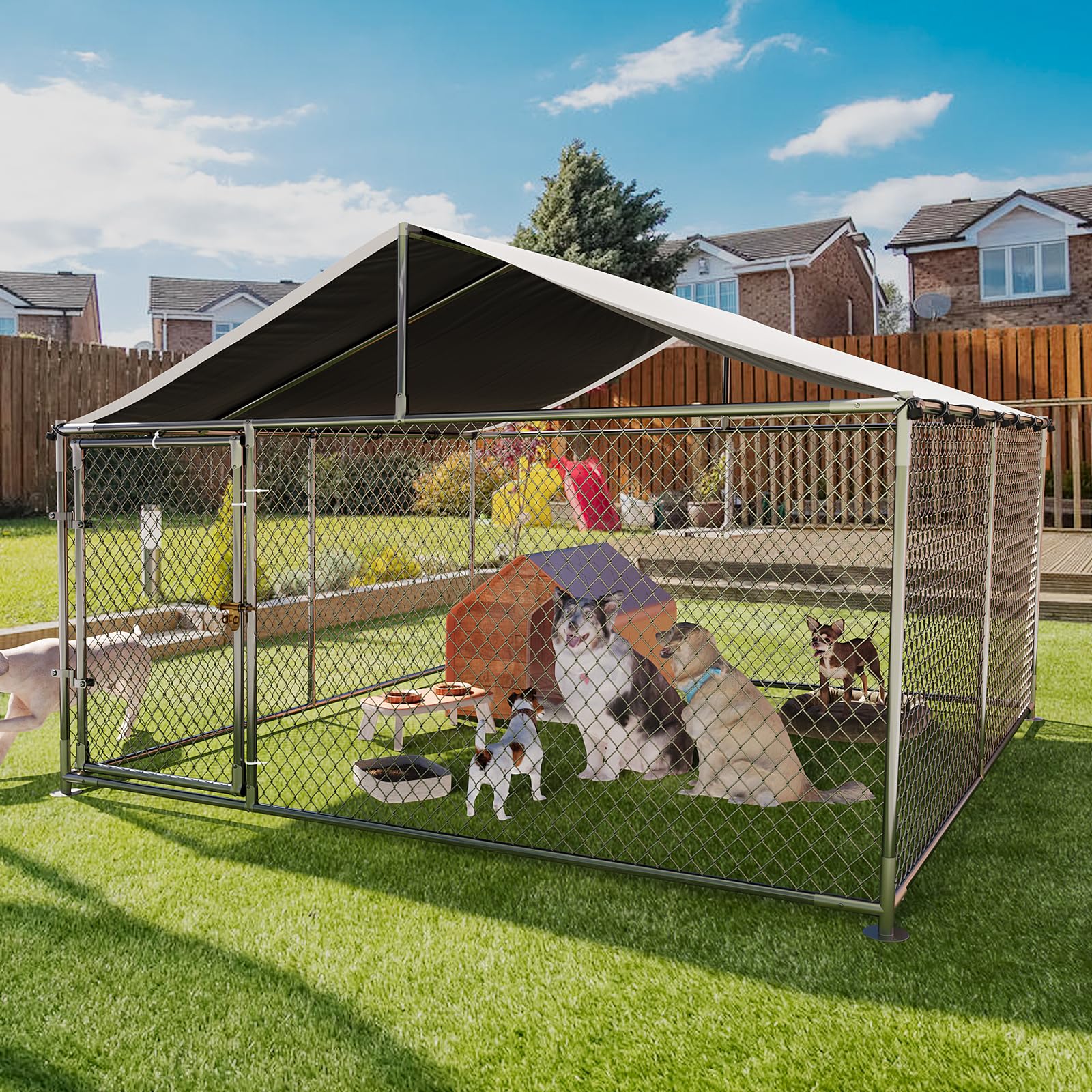 Photo 1 of Garvee Large Dog Kennel Outdoor with Roof Heavy Duty Dog Enclosure Outside Pet Fence for Yard Dog Boarding Kennel Poultry House Cage Steel Fence with Ground Anchor Secure Lock Farm Camping 10Ă—10Ă—6FT