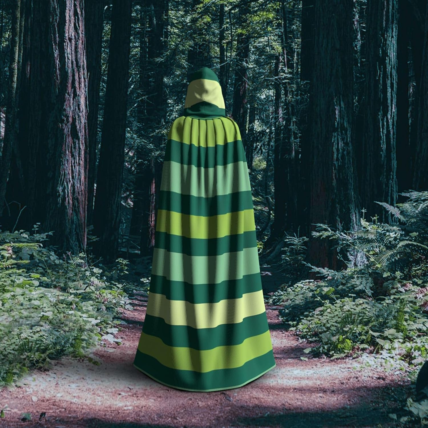 Green Striped Hooded Cloak Full Length Hooded Robe Witch Cape Halloween Cosplay Costumes for Women Men