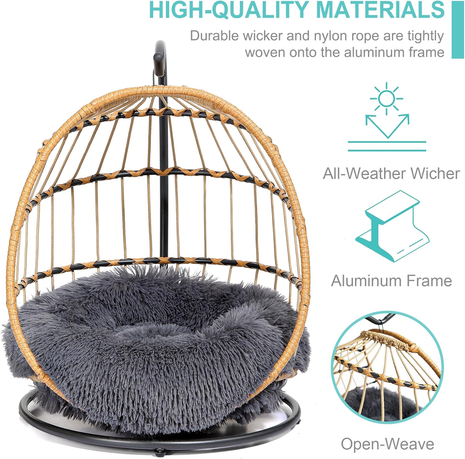 SWITTE Cat Hammock Chair Bed - Removable & Washable Cushion, Hanging Rattan Swing for Indoor Outdoor Cats & Small Dogs, Adjustable Pet Swinging Hammock with 3 Modes - Dark Grey