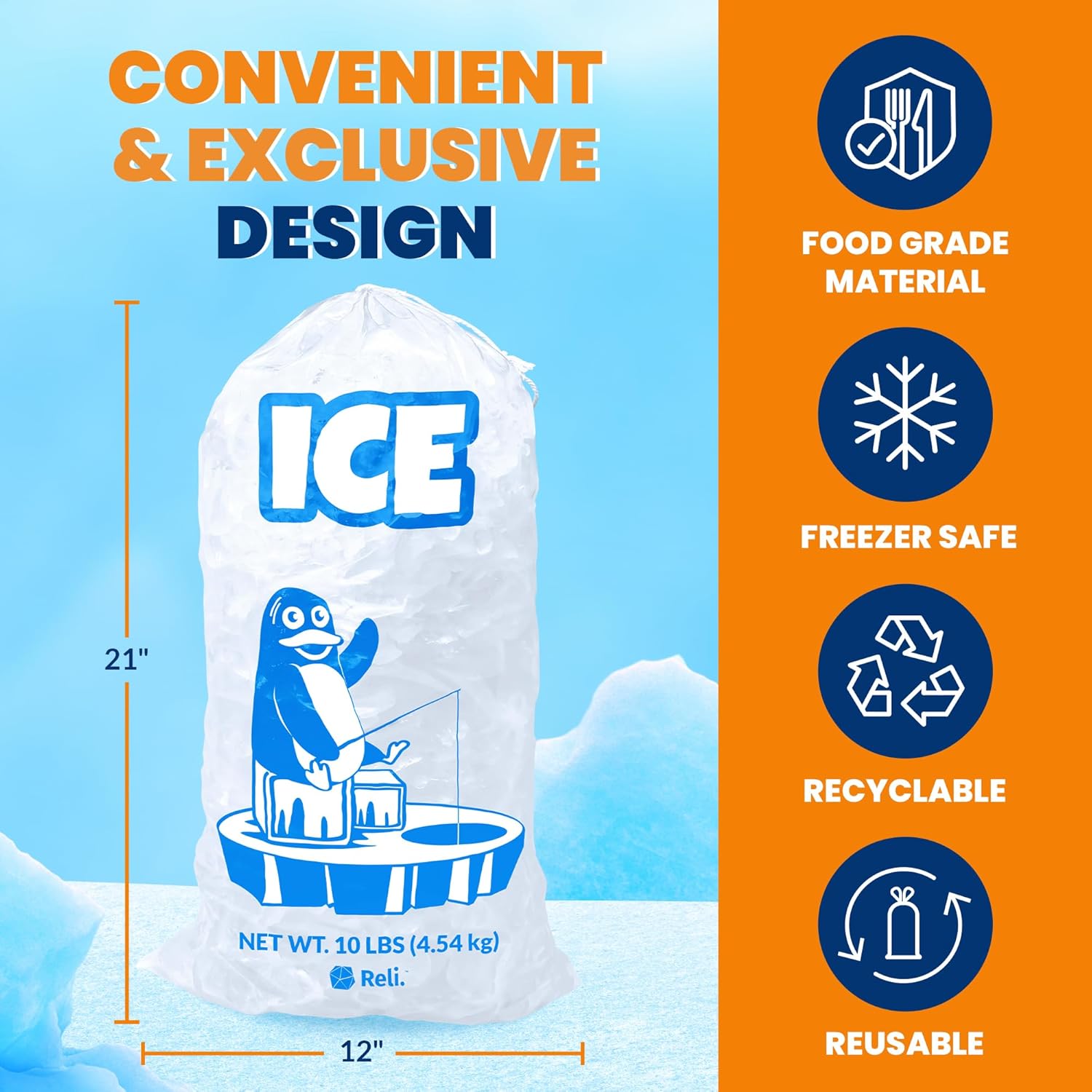 Reli. Plastic Ice Bags 10 lb (250 Pack Bulk) Cotton Drawstring | 12"x21" Ice Bags Reusable, Heavy Duty | Clear, Freezer Safe Storage | 1.5 Mil