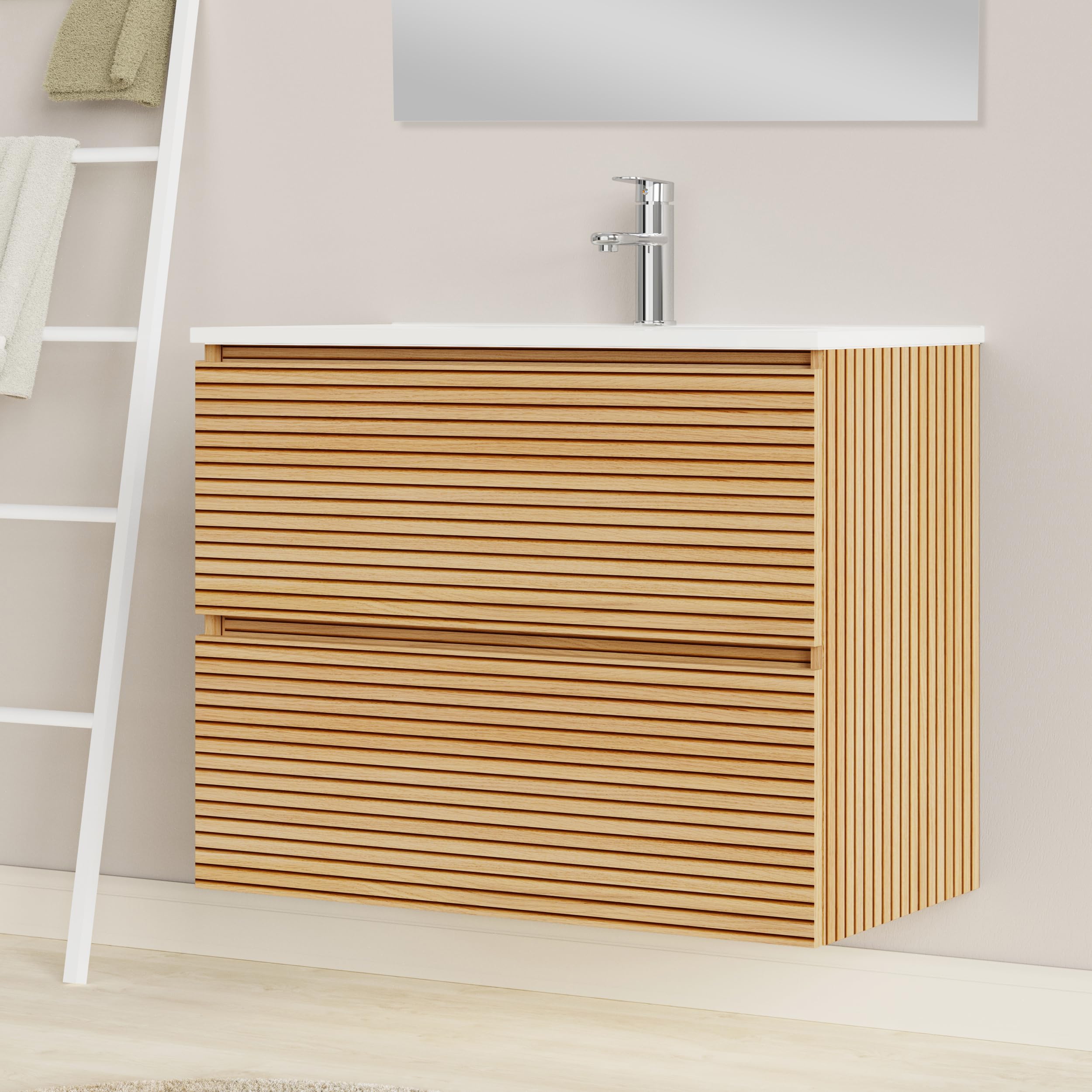 Baikal Mueble de Baño Dash. Conjunto de Baño de 2 Cajones, Suspendido en Pared, Incluye Lavabo Cerámico. Mueble de Fondo de 46cm. Mueble MONTADO. Lavabo Encastrado sin Espejo 80 cm Monocolor