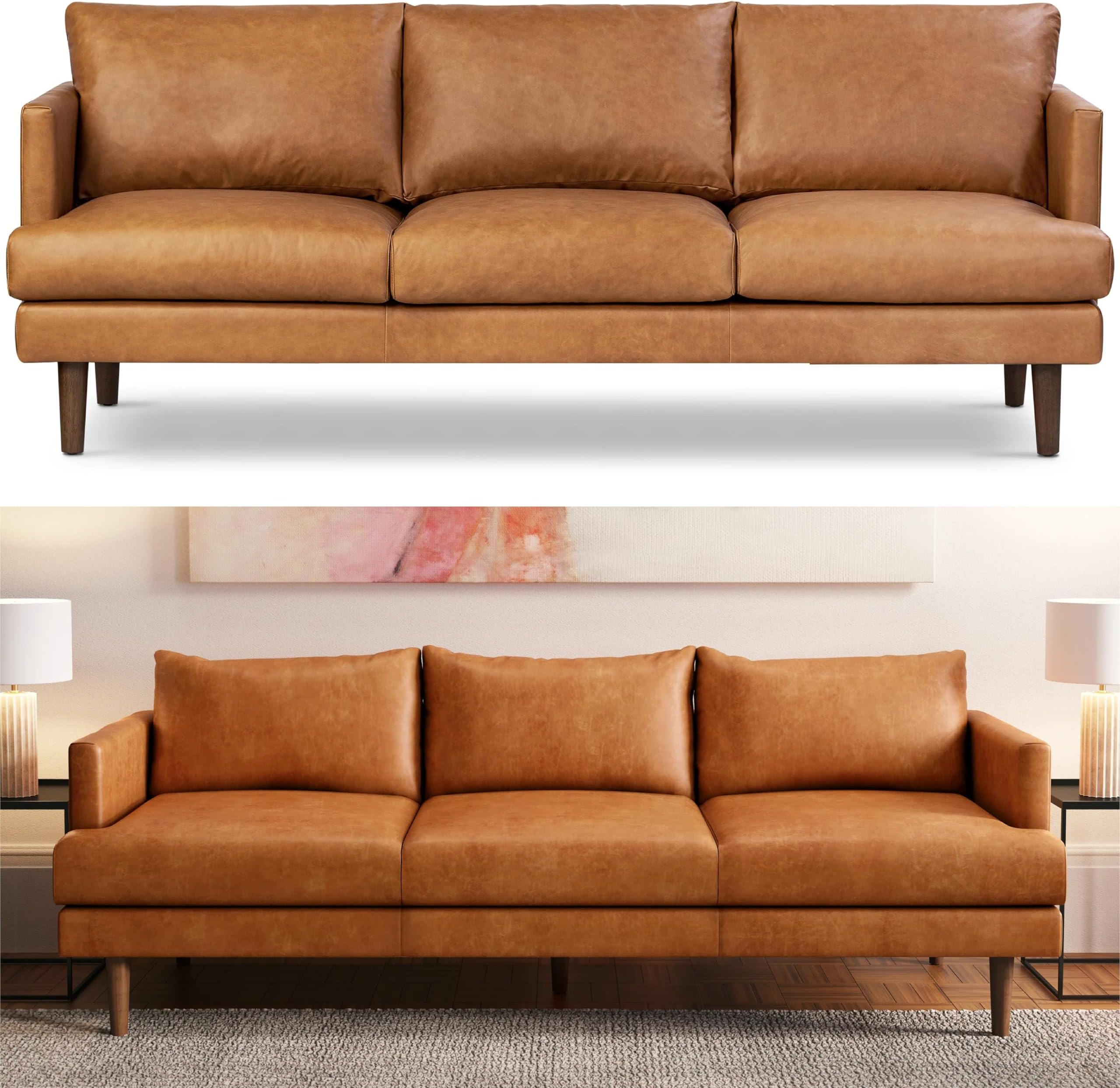 POLY & BARK Girona 88" Sofa โ Cognac Tan Full-Grain Pure-Aniline Italian Leather, Feather-Down Cushions, Kiln-Dried Solid Wood Frame, Walnut Legs