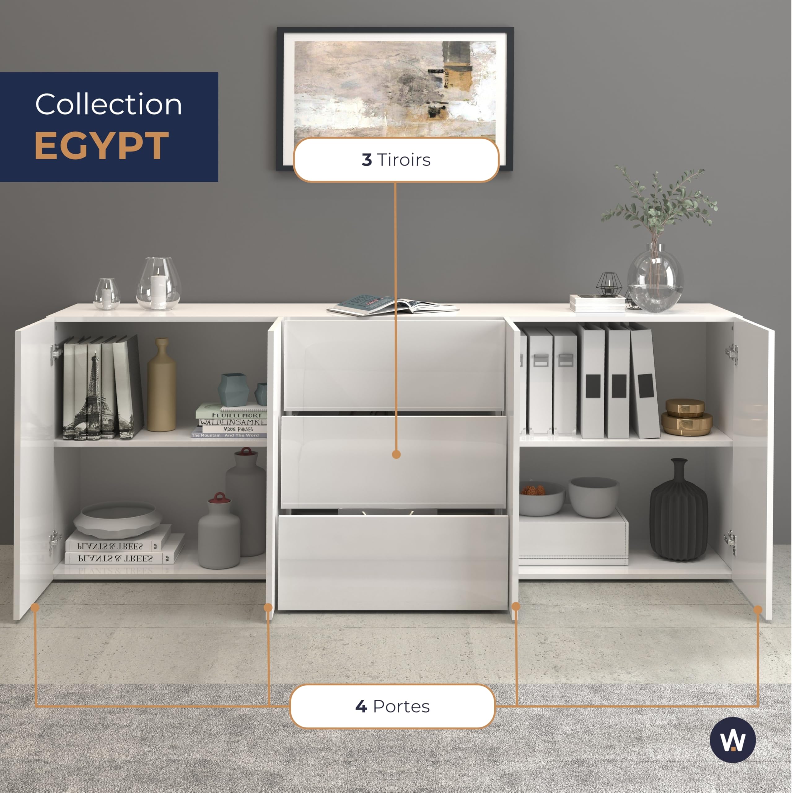 WHOUS Buffet Egypt pour Salon ou séjour, 200 x 40 x 80 cm, Bahut Moderne à 4 Portes et 3 tiroirs, Blanc Brillant
