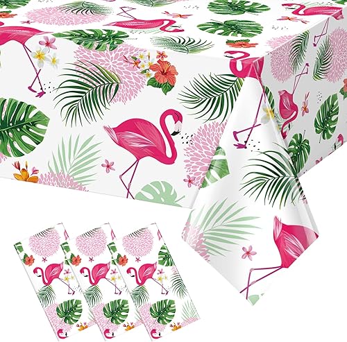 Miniatura 1 de Paquete de 3 manteles de verano con diseño de flamenco para fiestas, mantel de plástico tropical hawaiano, mantel desechable Luau para verano,