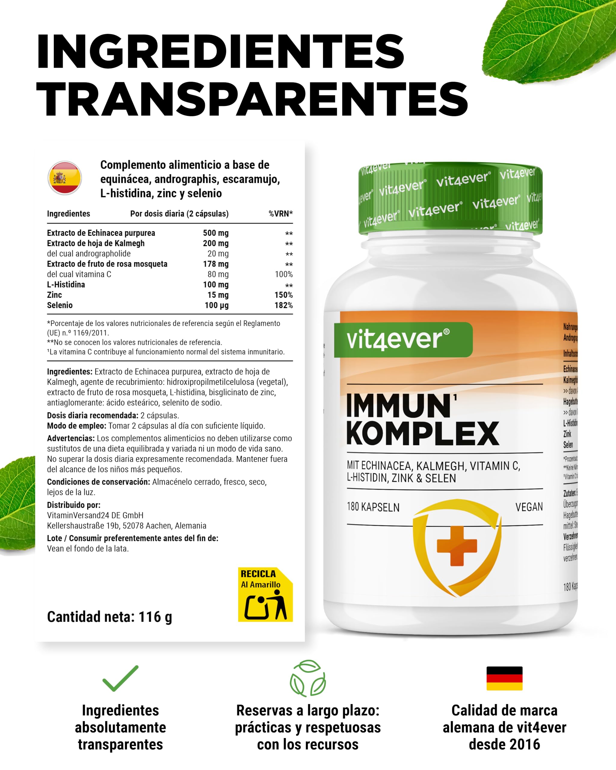 Complejo para el Sistema Inmunitario de alta dosis - 180 cápsulas para 90 días - 500 mg de Equinácea, Kalmegh, Escaramujo, Vitamina C, L-Histidina, Zinc y Selenio - Vegano, sin aditivos innecesarios