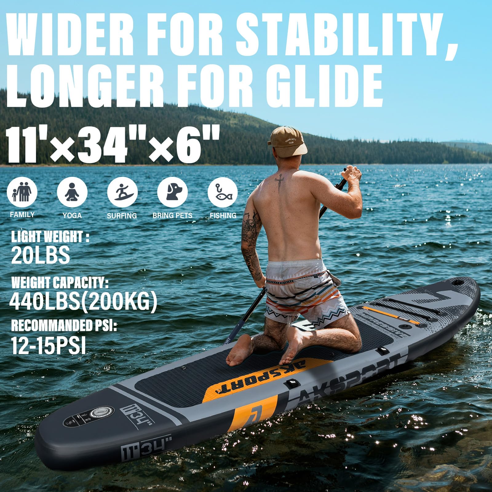 AKSPORT Tavola SUP Gonfiabile, SUP con Tutti gli Accessori, Design Ampio e Stabile, Ponte Antiscivolo, Paddle Board Gonfiabile per Giovani e Adulti